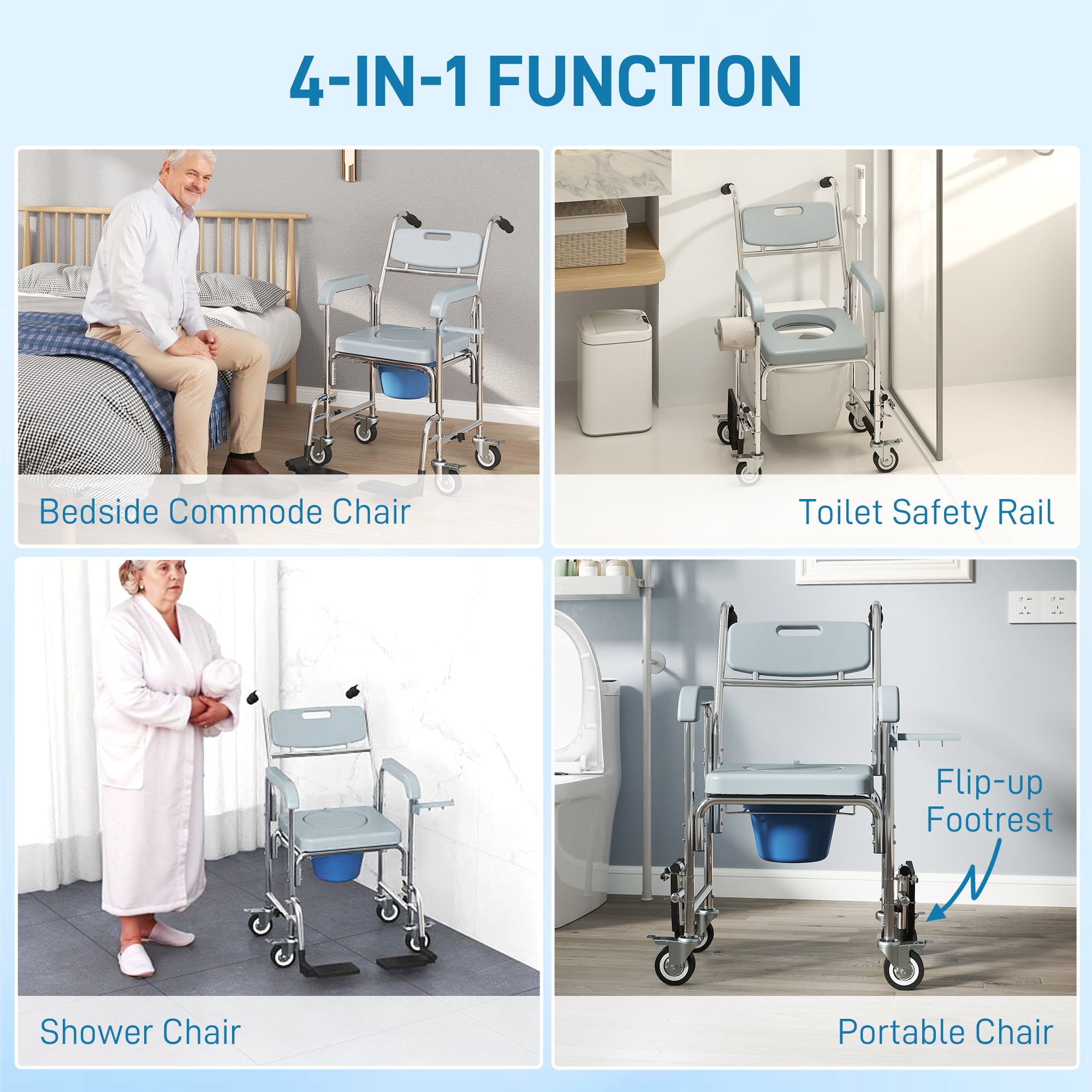 Rolling Shower Wheelchair for Seniors, Bedside Commode Chair with Locking Wheels, Seat, Backrest, Arms, Gray