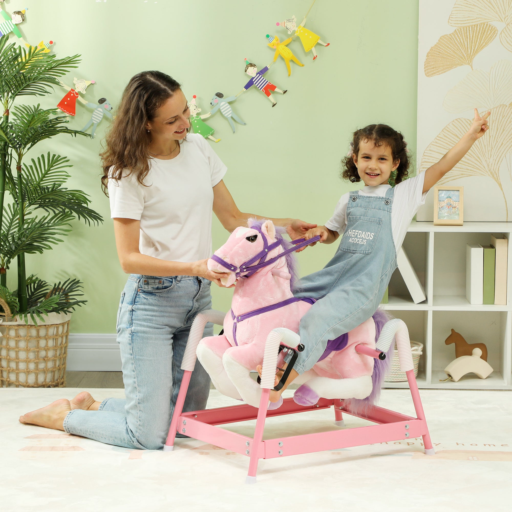 Spring Rocking Horse, Kids Ride on Horse, Plush Horse Ride-on w/ Sounds & Foot Stirrups for Kids 3-8 Years, Pink