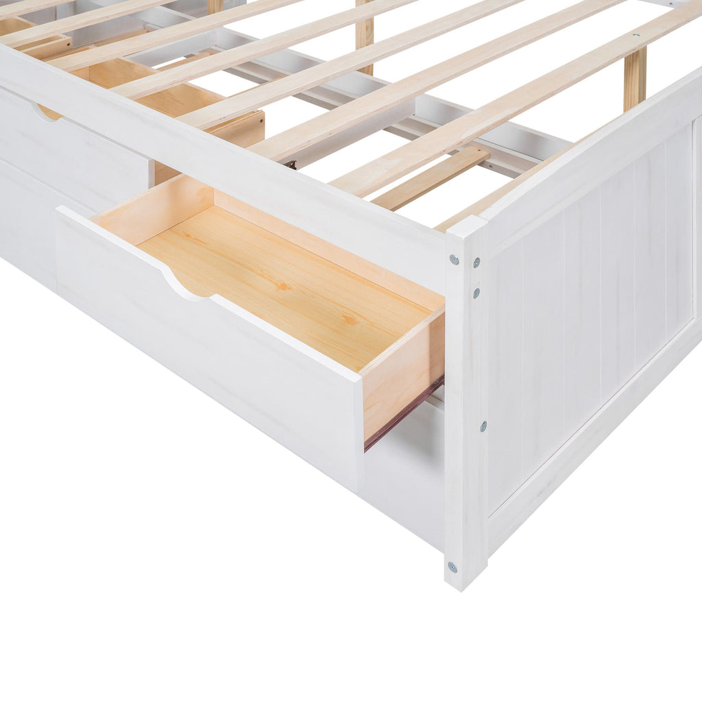 Classic Style Full Size Wooden Captain Bed with Built-in Bookshelves, 3 Storage Drawers, and Trundle, 79" L x 104.5" W x 47" H, White