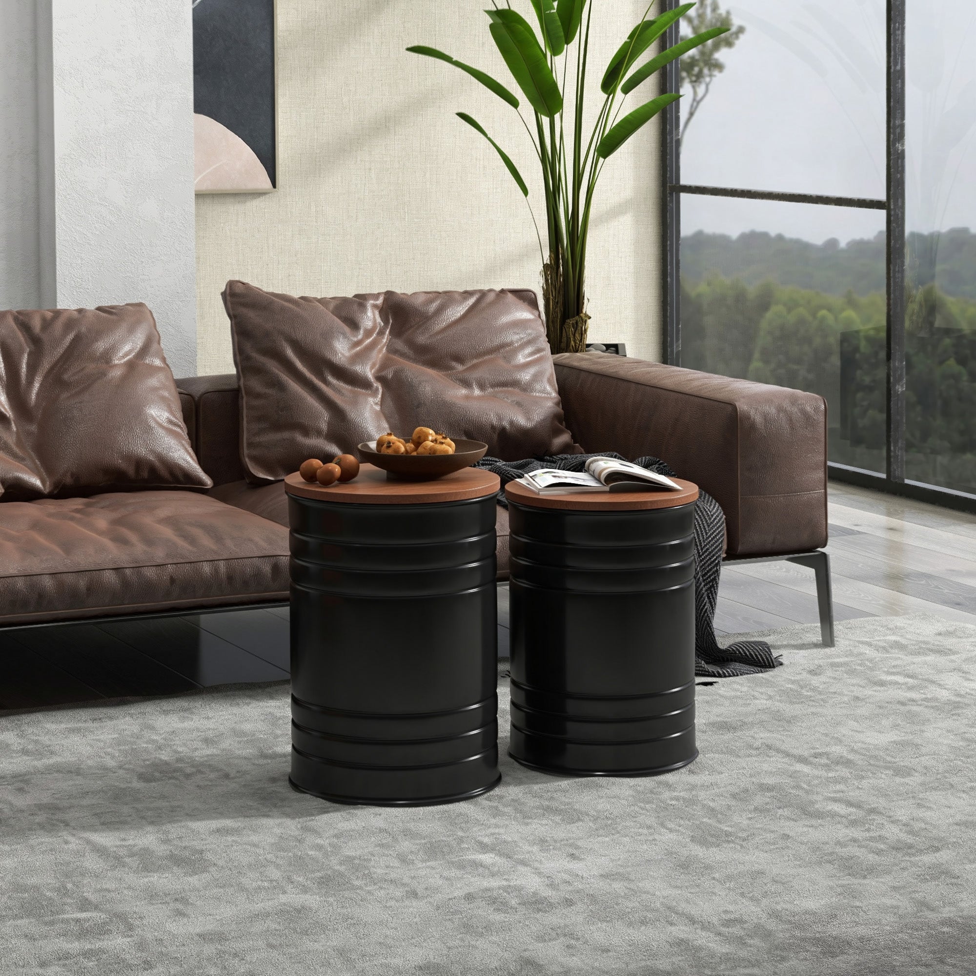 Round Storage Ottoman Set of 2, Nesting Ottomans with Wooden Lid, Metal Frame and Hidden Storage Space for Bedroom