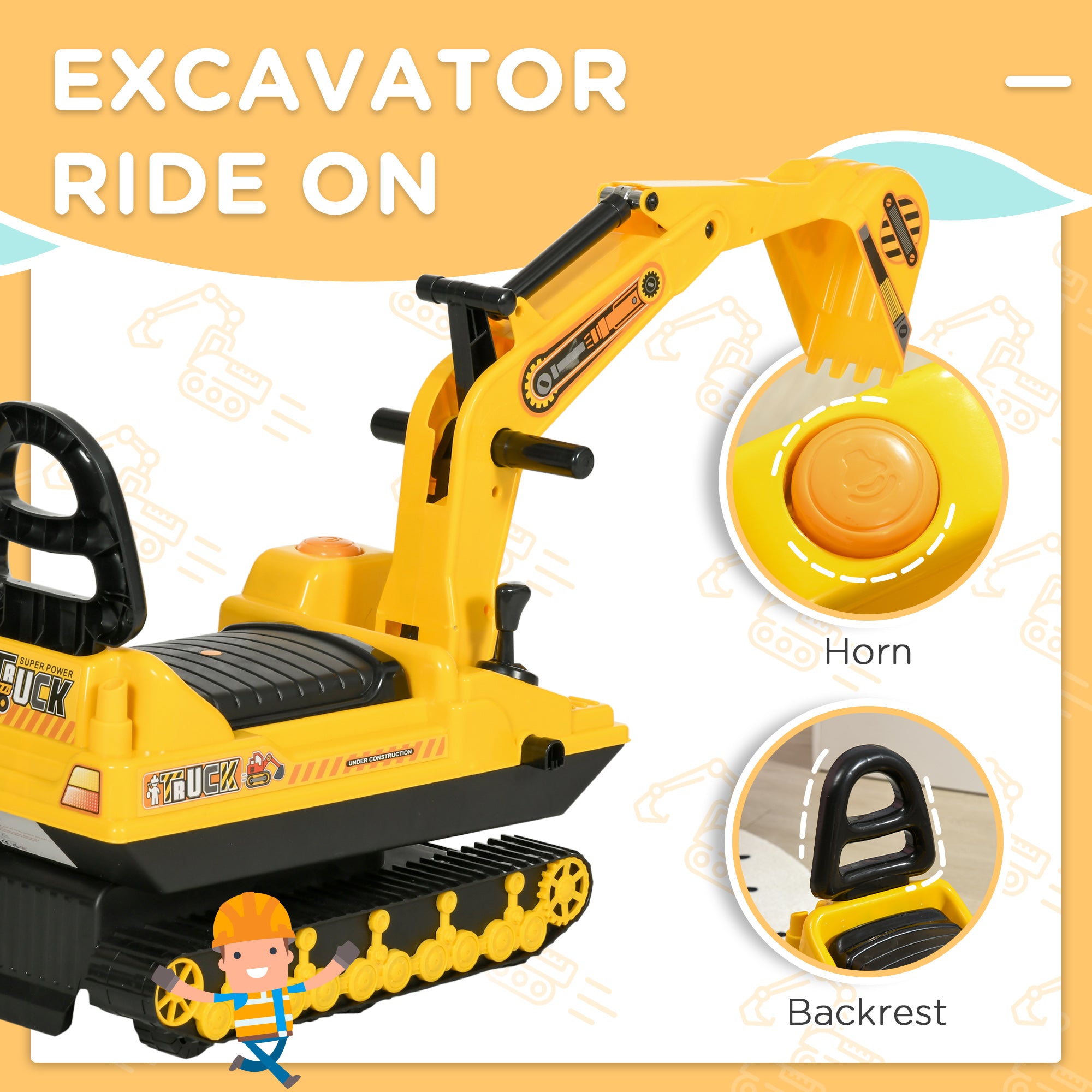 No Power Ride On Excavator Toy Tractors Digger Movable Scooter Walker Pretend Play Toddler Construction Truck Basket Storage For Boys Girls 18-48 Months Yellow Black
