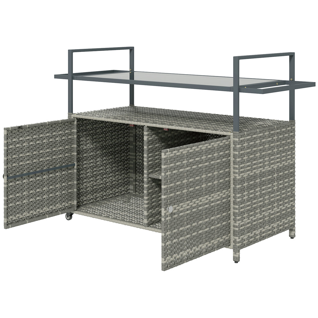 2-Tier Shelf PE Rattan Outdoor Bar Table, Glass Top Outdoor Serving Cart with Cabinet, Mixed Gray