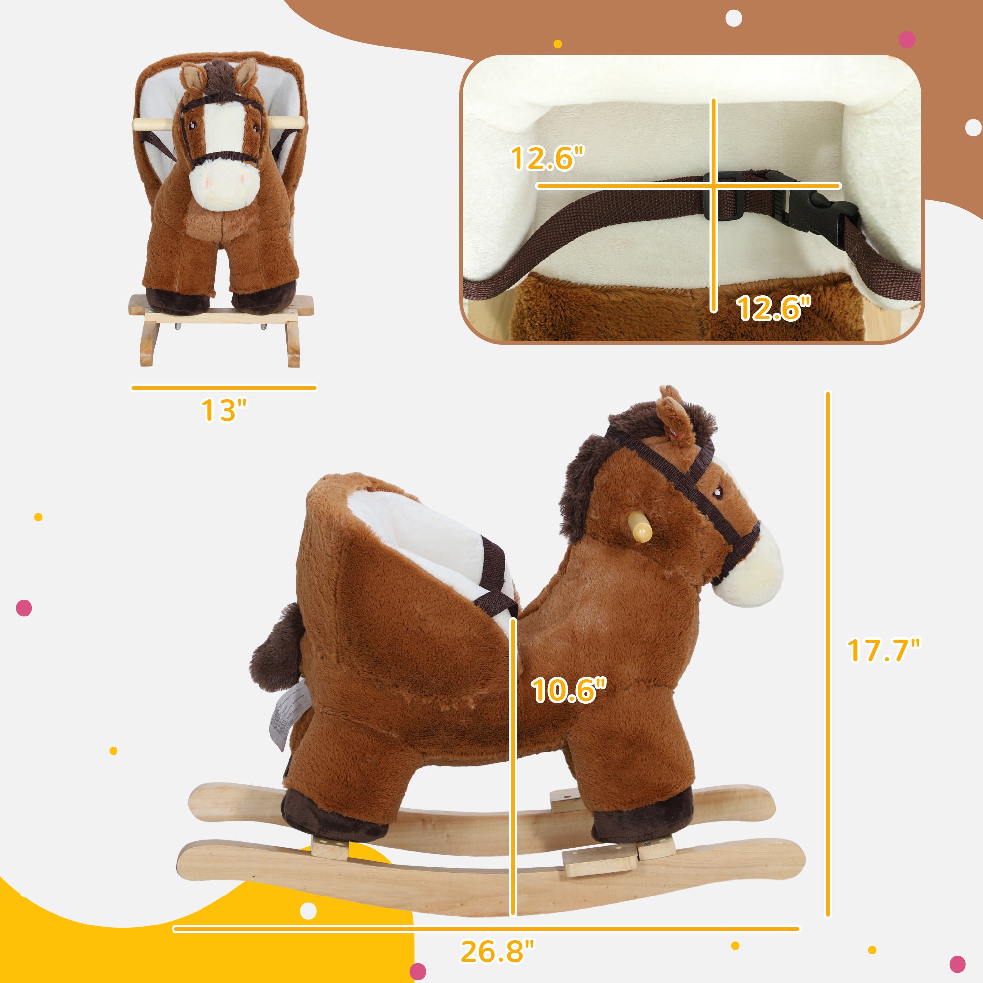 Baby Rocking Horse, Kids Ride-on with Sound, Wooden Base & Safety Belt for Ages 18-36 Months, Brown