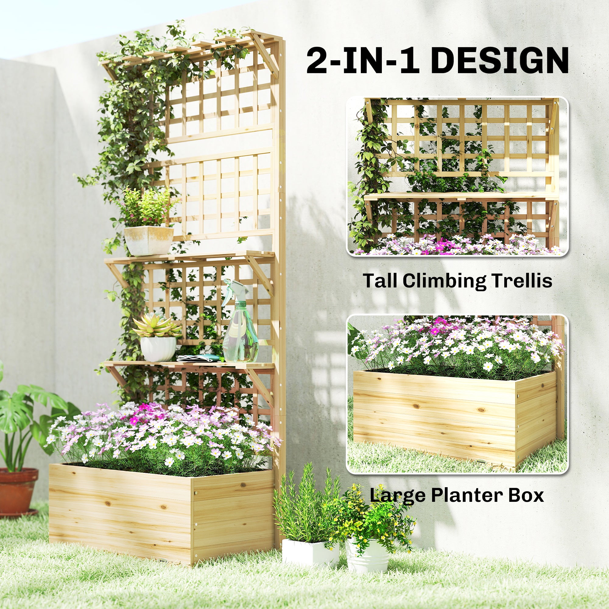 Wooden Raised Garden Bed with Trellis and Roof, Elevated Planter Box with 2 Shelves, Drainage Hole and Liner, Natural
