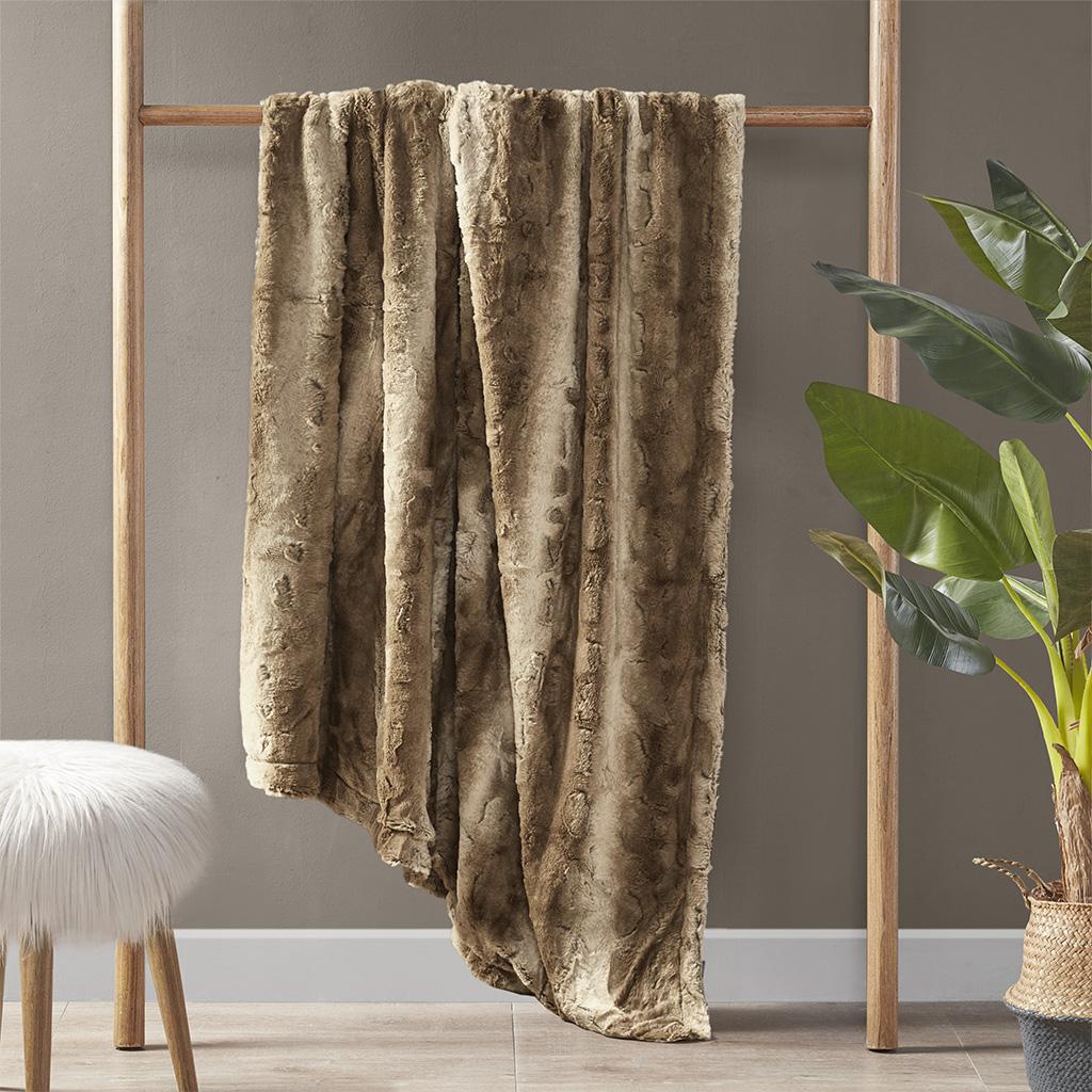 Oversized Faux Fur Throw with Faux Mink Reverse, OEKO-TEX Certified, Luxurious Machine Washable Blanket, 70" L x 60" W x 0.25" H, Tan