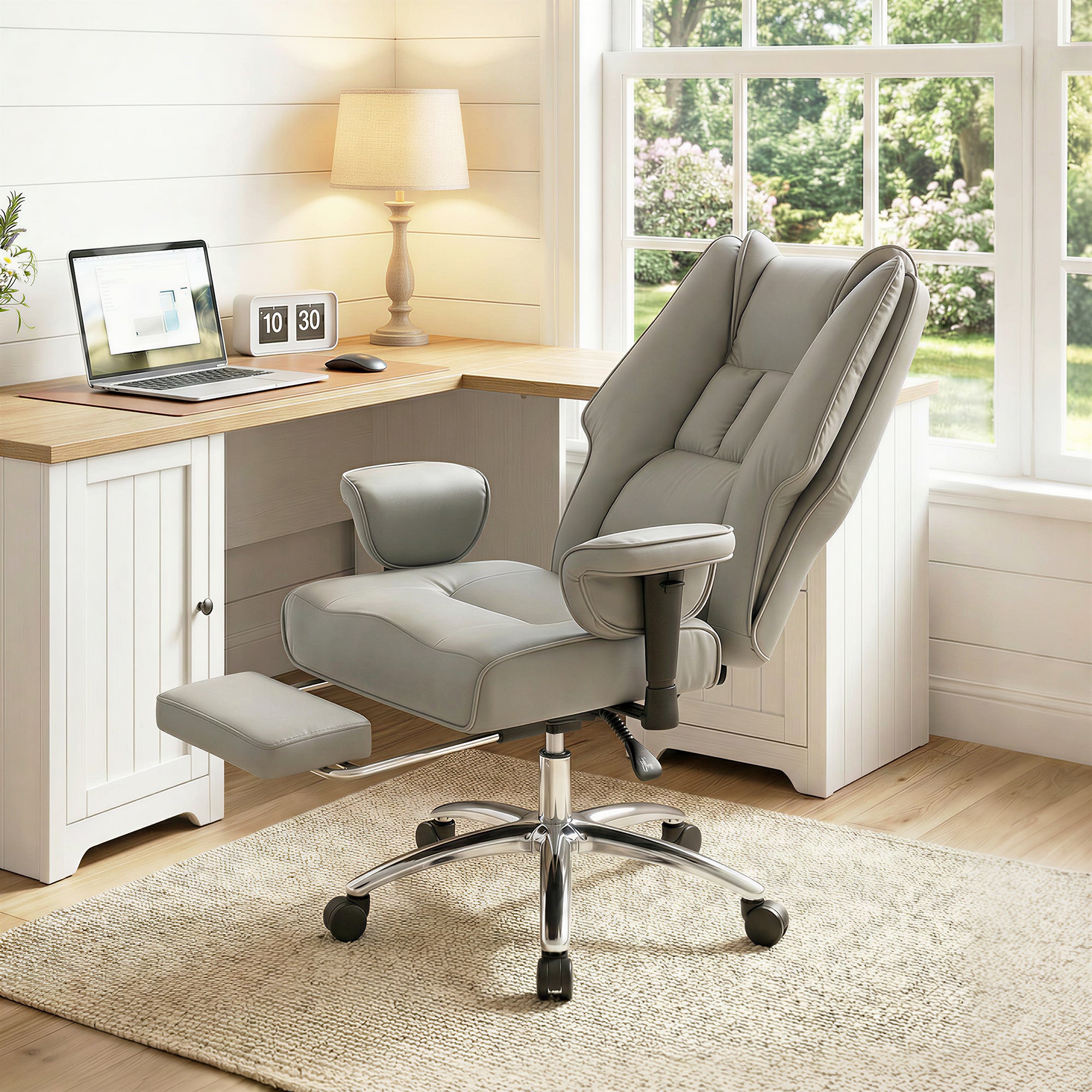 Ergonomic Office Chair, High Back Reclining Desk Chair with Adjustable Armrests, Pet Friendly Faux Leather, Light Gray