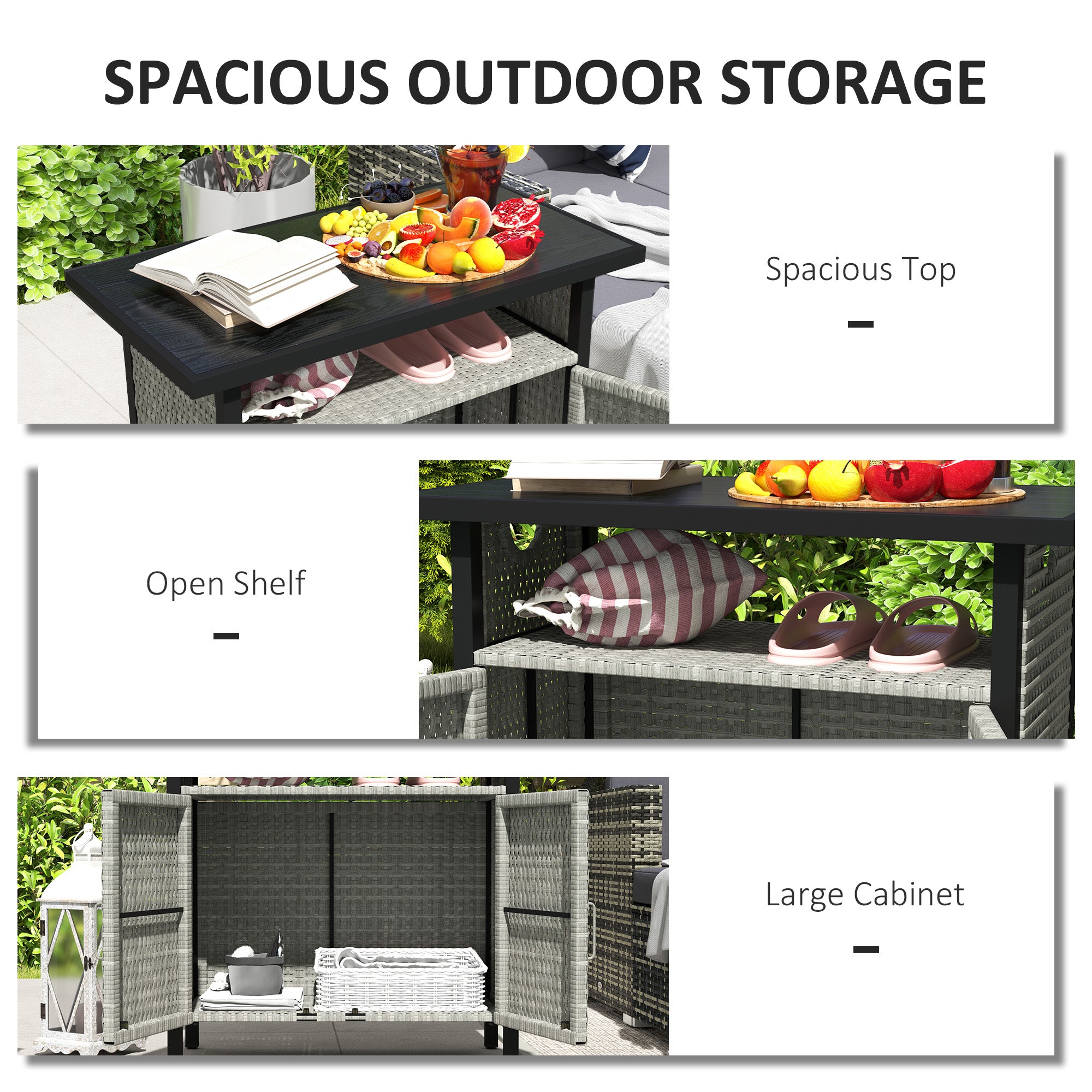 Outdoor Pool Towel Storage Cabinet Organizer, Outdoor Bar Table with Shelf and Cabinet, Pool Towel Holder Pool Valet with Weather-Resistant PE Rattan and Steel Frame, Gray