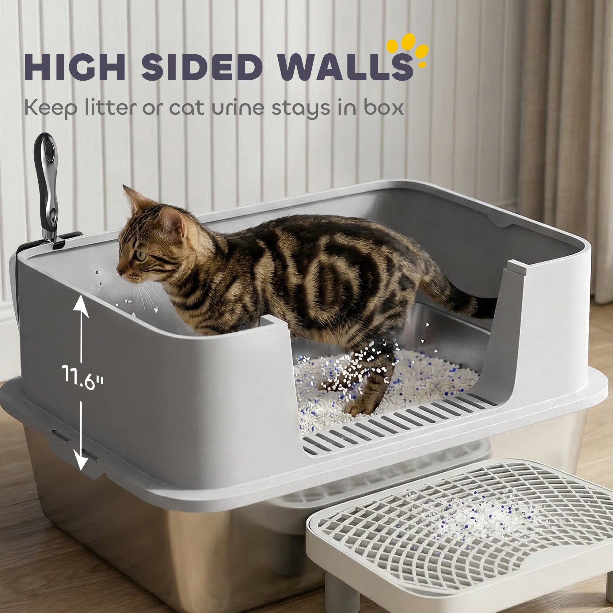 Stainless Steel Litter Box with High Sides, Metal Cat Litter Box with Scoop, Pedal, Anti-Urine Leakage, Non-Sticky