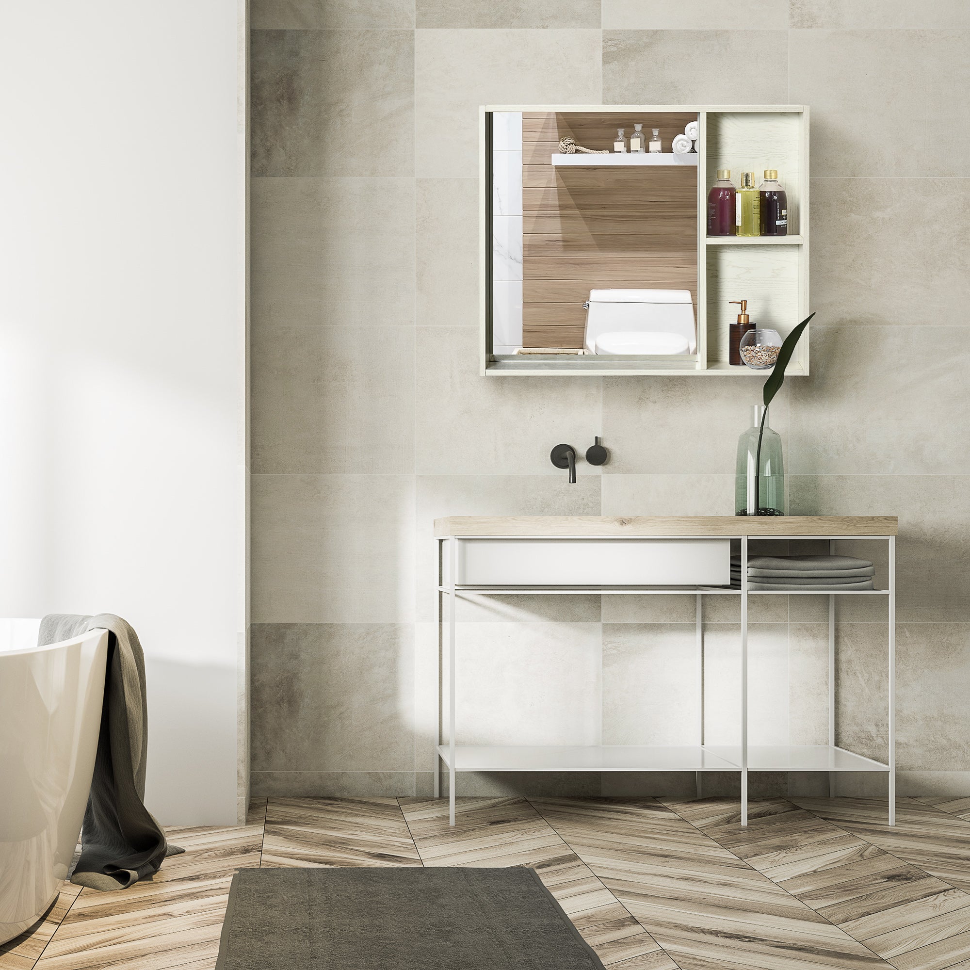 31.5" x 25.5" Bathroom Medicine Cabinet with Mirror, Storage Shelf, Over Toilet Bathroom Cabinet Wall Mounted for Living Room and Laundry Room, White