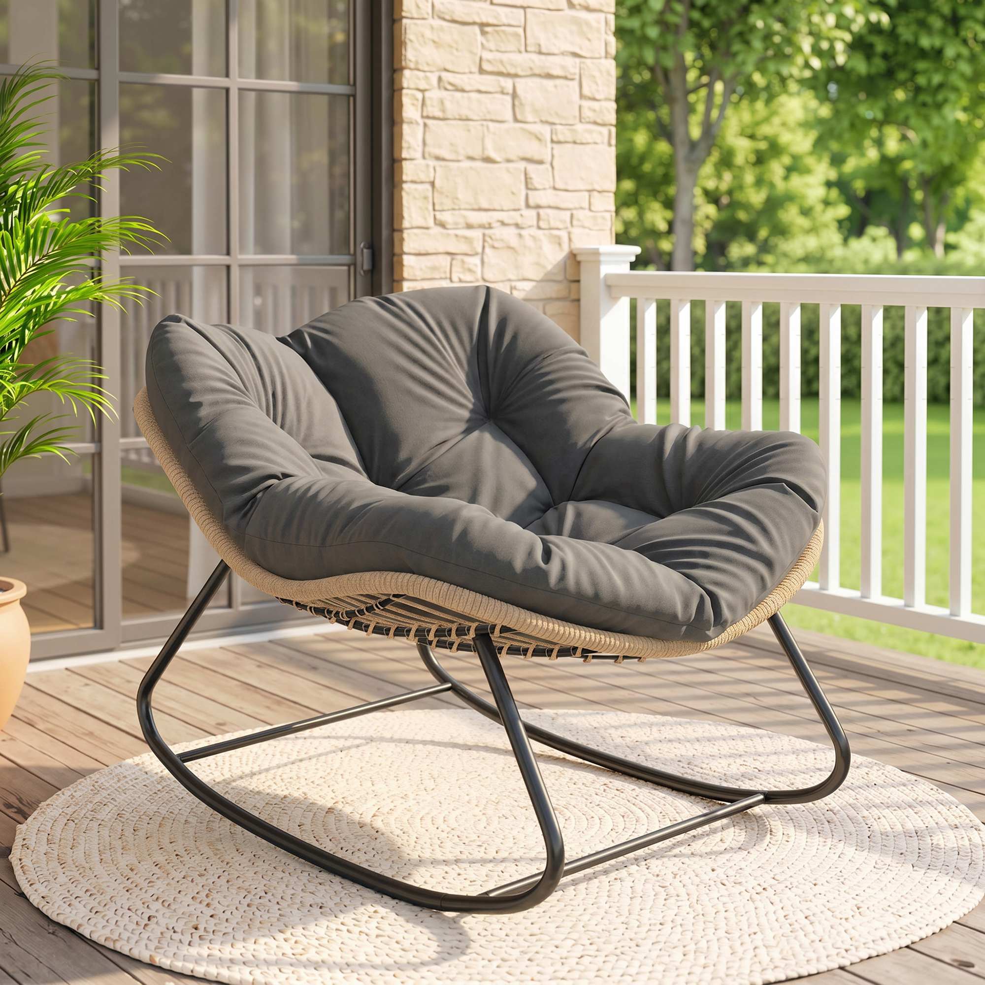 Indoor Outdoor Papasan Rocking Chair, Oversized Rocking Egg Chair with Cushion for Garden, Patio, Dark Gray