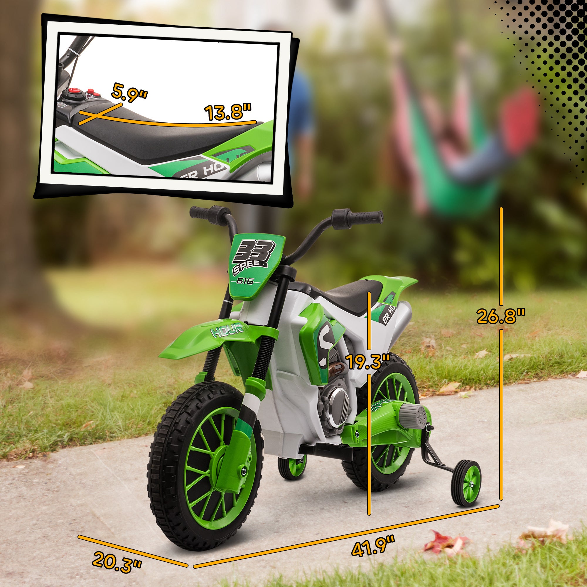 12V Kids Motorcycle w/ Treaded Tires, 5mph Top Speed Electric Bike for Kids, Ride On Motorcycle w/ Training Wheels, Battery Charger, Spring Suspension, Green