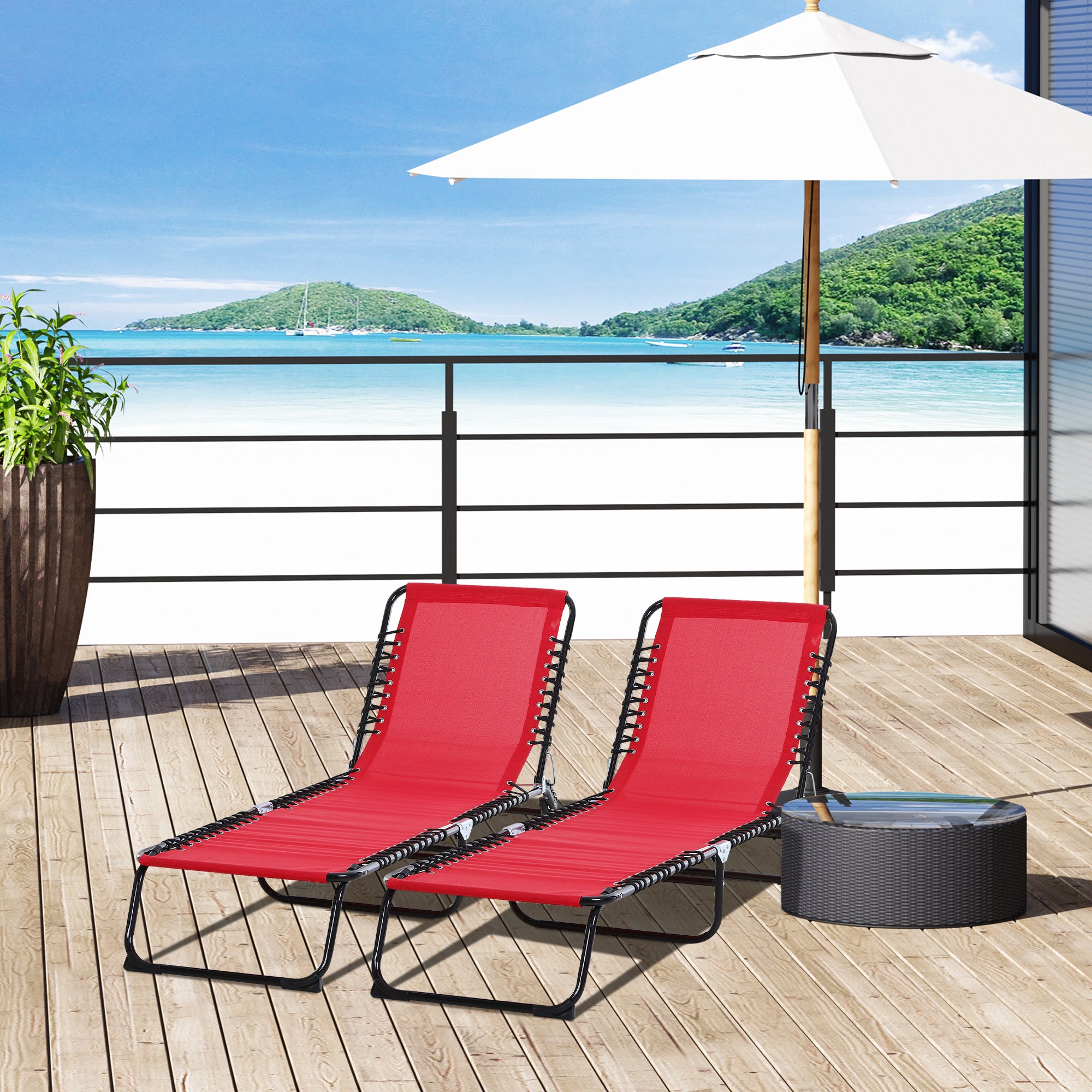 Set of 2 Folding Chaise Lounge Chairs, Outdoor Sun Tanning Chairs with Reclining Back, Wine Red