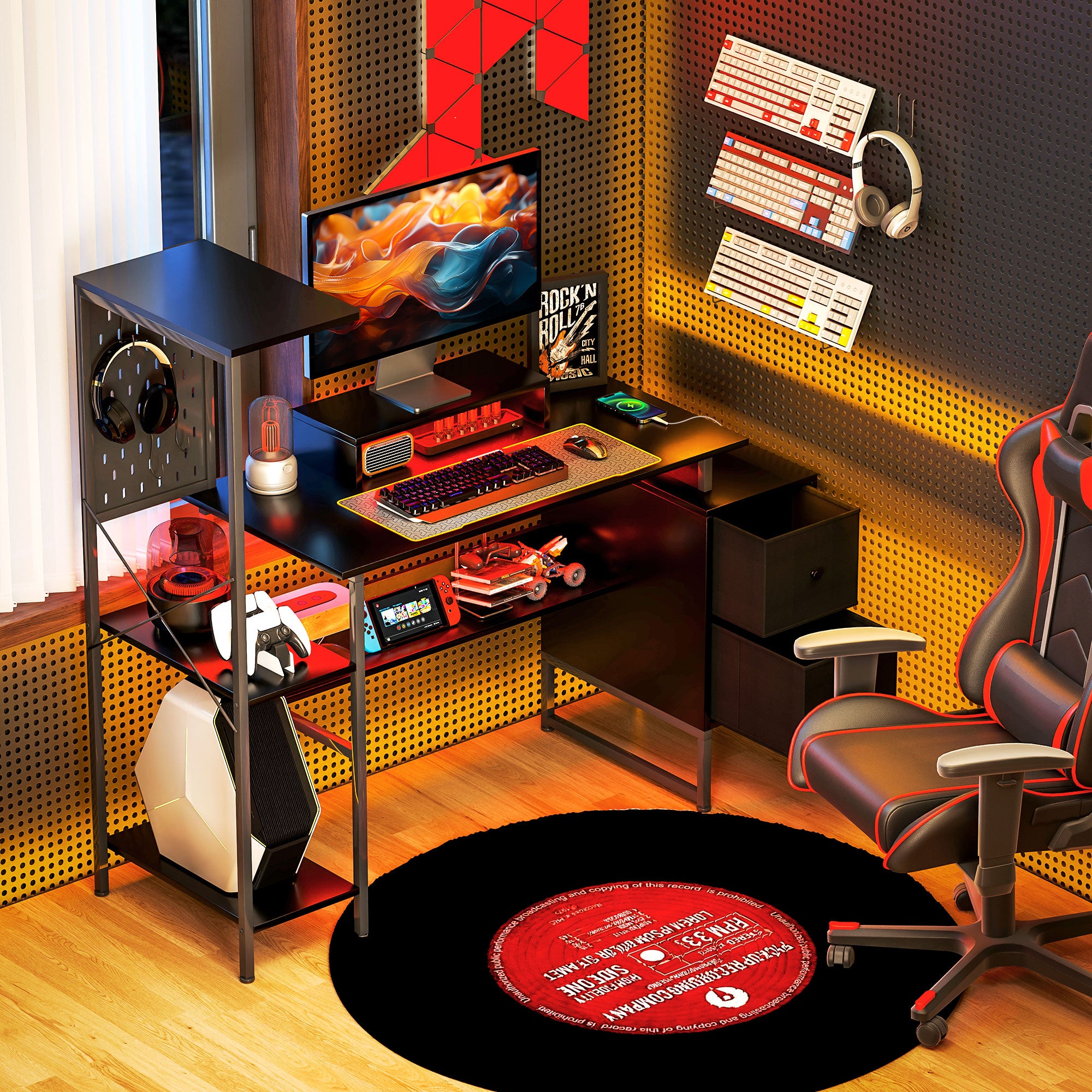 56" Computer Desk with Storage, Computer Table with Power Outlets and LED Lights, Black
