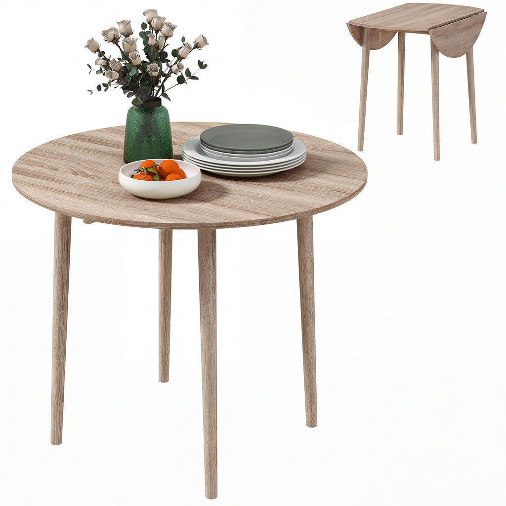 Folding Dining Table, Round Drop Leaf Kitchen Table for Small Spaces with Wood Legs, Oak Color