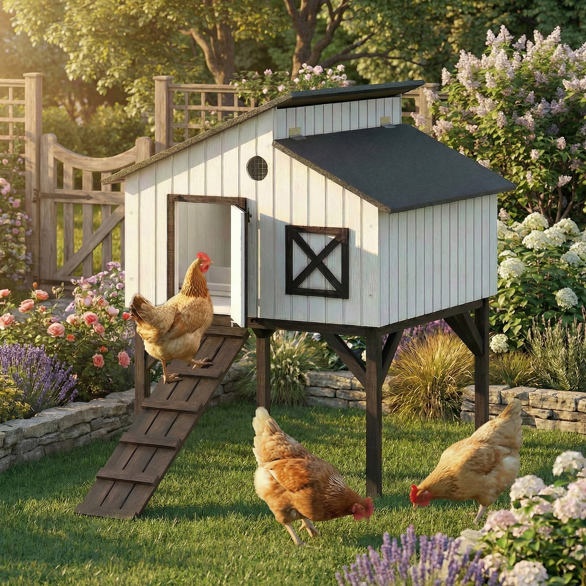 Chicken Coop Hen House with Nesting Box, Elevated Rabbit Hutch with Ramp, Asphalt Openable Roof and Elevated Legs