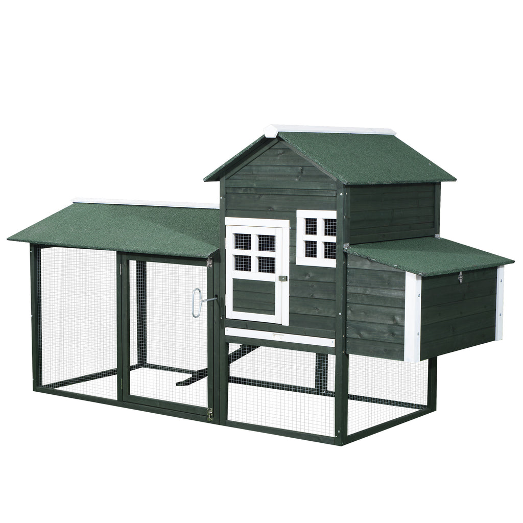 84" Wooden Chicken Coop, Hen House Outdoor with Run Nesting Box, Asphalt Roof, Removable Tray, Ramp, Poultry Cage for 2-3 Chickens, Green