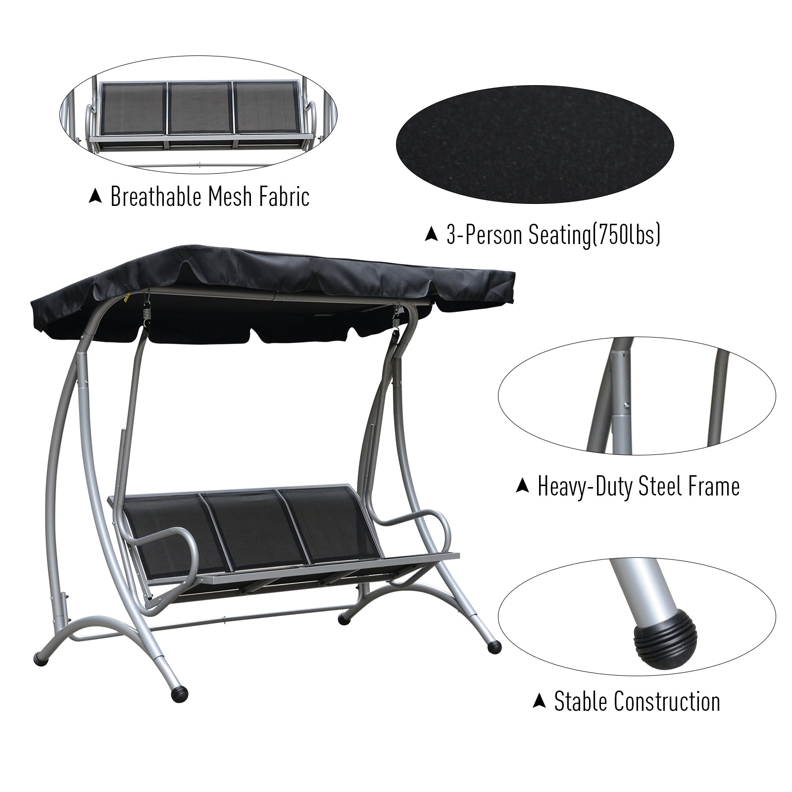 3-Seat Outdoor Porch Swing Chair, Patio Swing Glider with Adjustable Canopy, Breathable Seat, and Steel Frame for Garden, Poolside, Backyard, Black