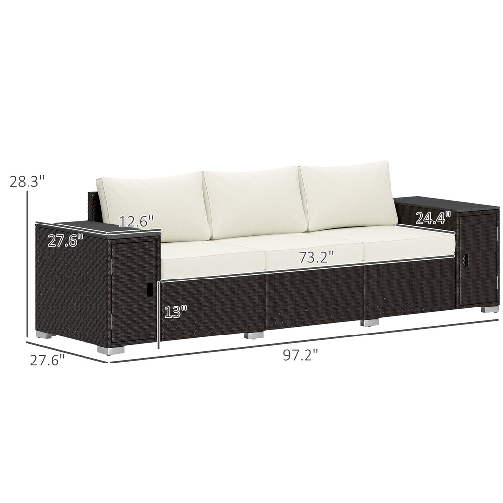 3 Seater Wicker Outdoor Couch Patio Sofa with Storage, Thickened Cushions and Wide Armrests for Porch Yard, Cream White
