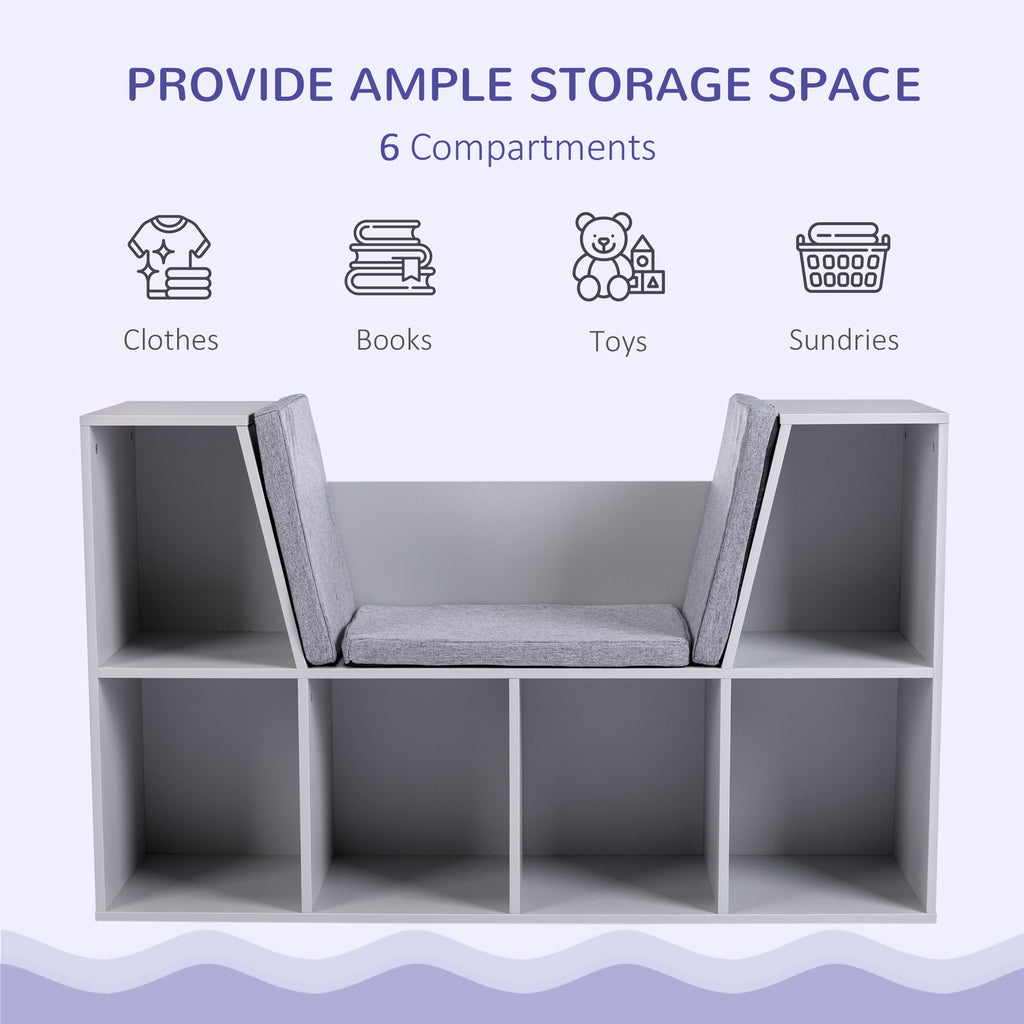6-Cubby Kids Bookcase with Reading Nook and Cushion, Multi-Purpose Storage Organizer for Bedroom, Living Room, Grey
