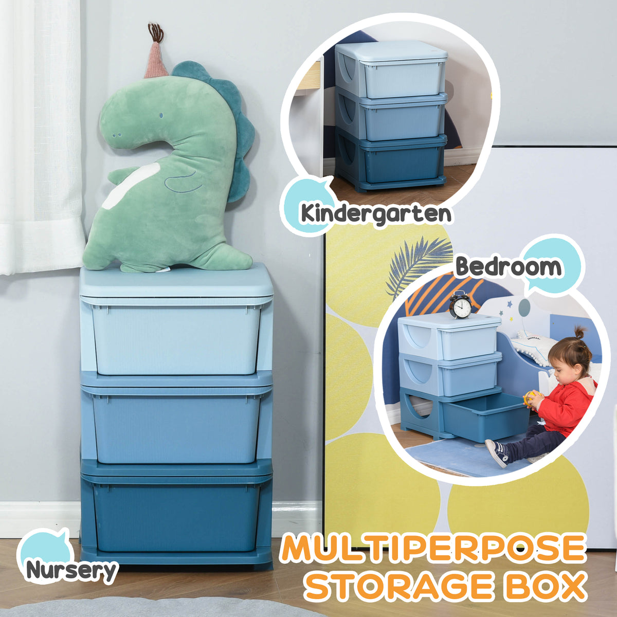 3 Tier Kids Storage Unit, Toy Organizers and Storage with 3 Drawer for Bedroom Nursery Living Room for Boys Girls, Blue