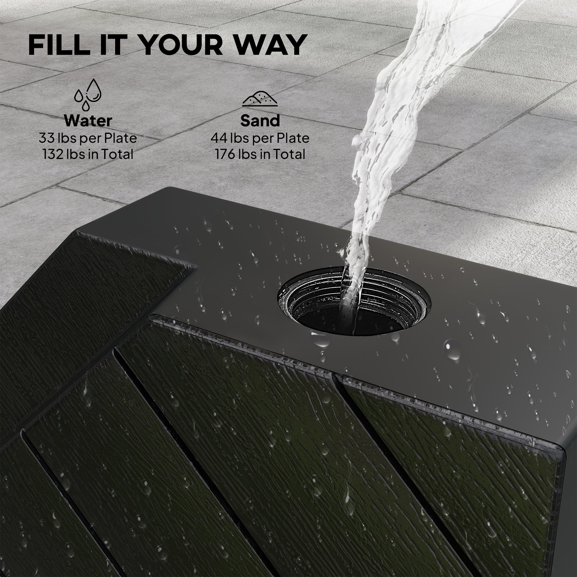 Offset Umbrella Base Outdoor Umbrella Weights, 132 lb. Capacity Water or 176 lb. Capacity Sand, Black