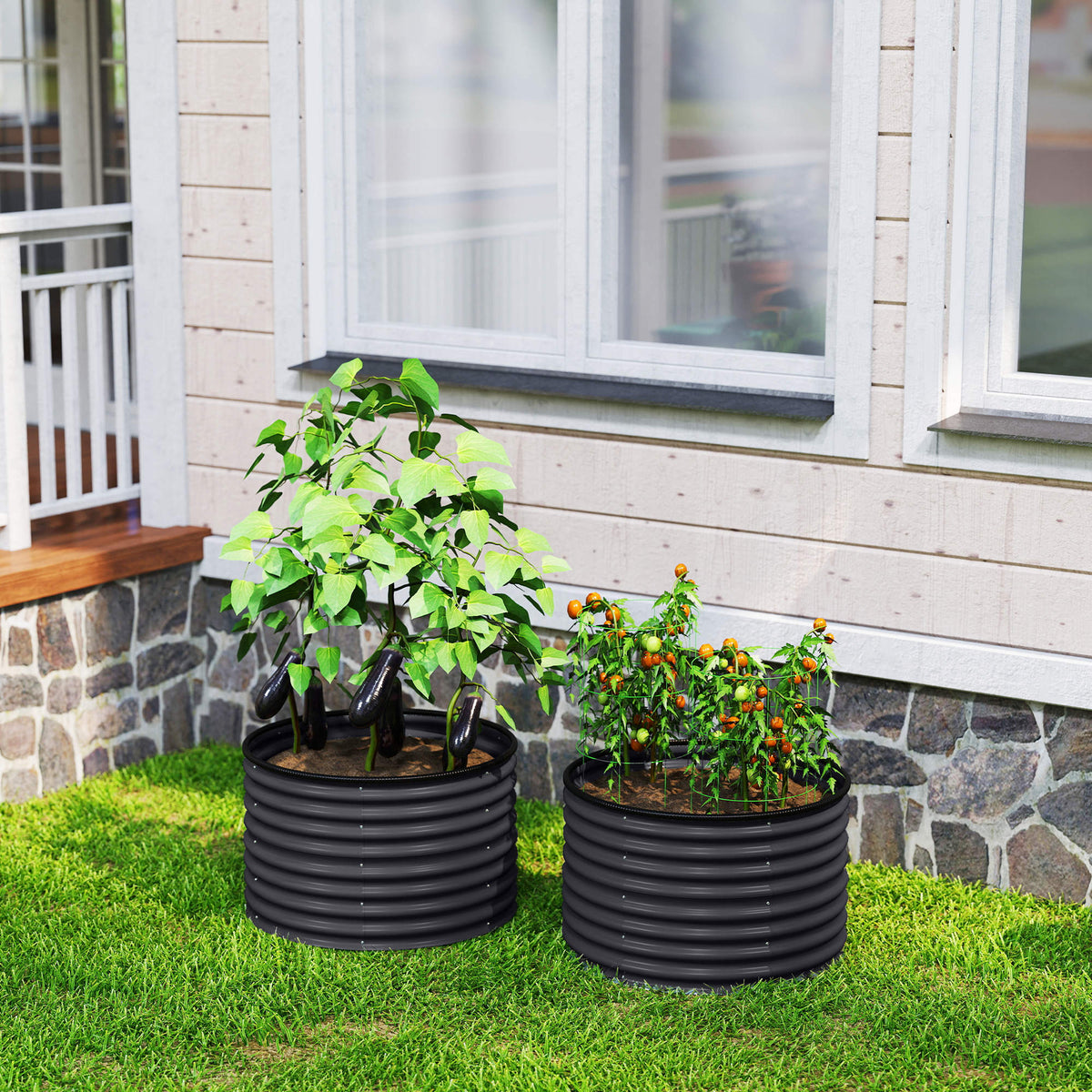 Set of 2 Raised Garden Bed, Metal Planter Box with Safety Edging, Easy-to-assemble Stock Tank, Dark Gray