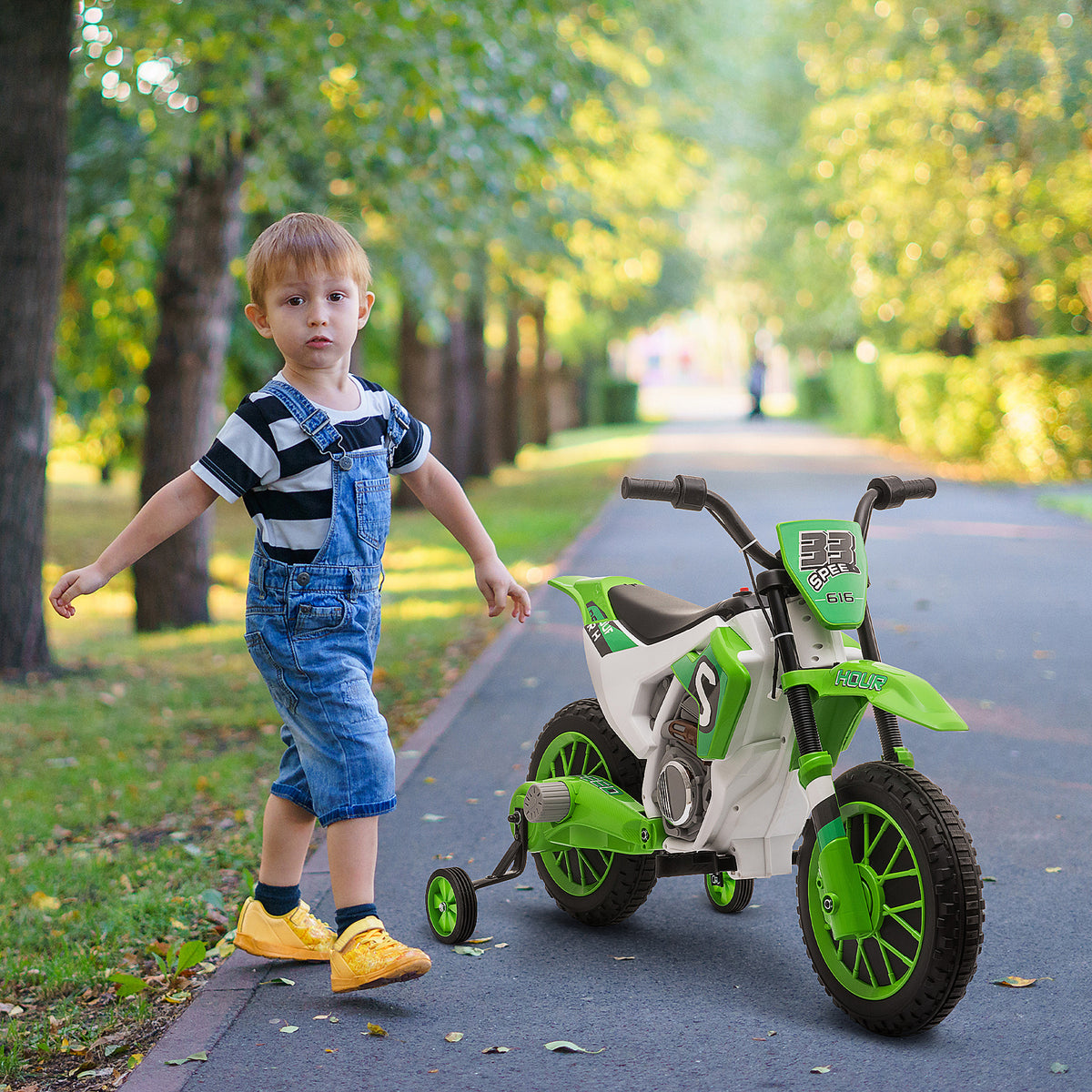 12V Kids Motorcycle w/ Treaded Tires, 5mph Top Speed Electric Bike for Kids, Ride On Motorcycle w/ Training Wheels, Battery Charger, Spring Suspension, Green