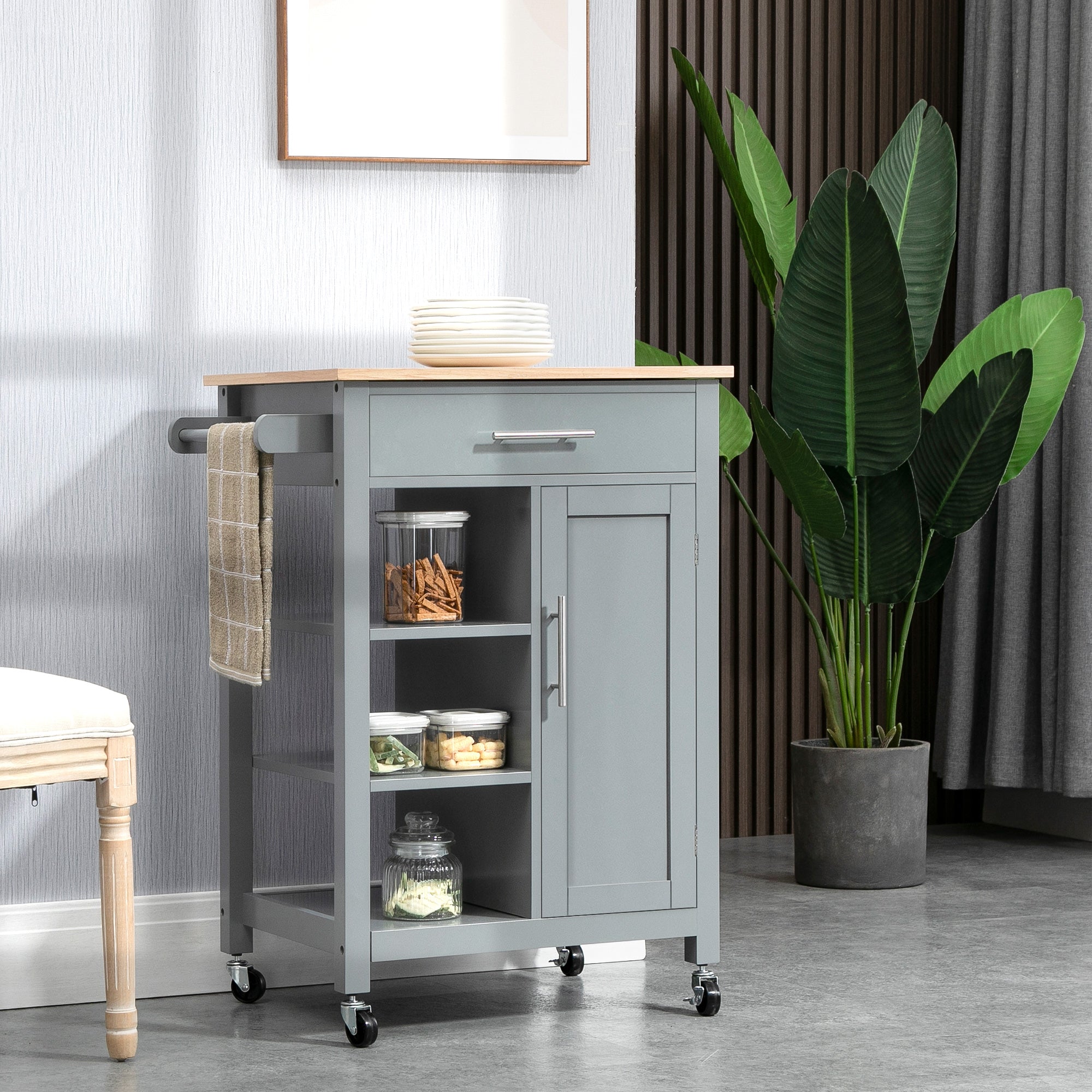 Kitchen Island Cart, Rolling Kitchen Island with Storage Shelf, Solid Wood Top, Drawer, for Dining Room, Gray