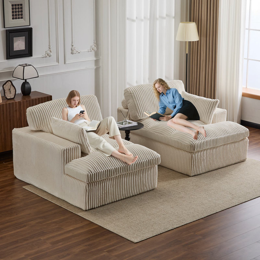 Deep Seat Sofa Double Chaise Lounge Chair with Corduroy Fabric, Compressed Sofa Sectional Loveseat for Apartments, 82.5'' L x 57'' W x 23.5'' H, White