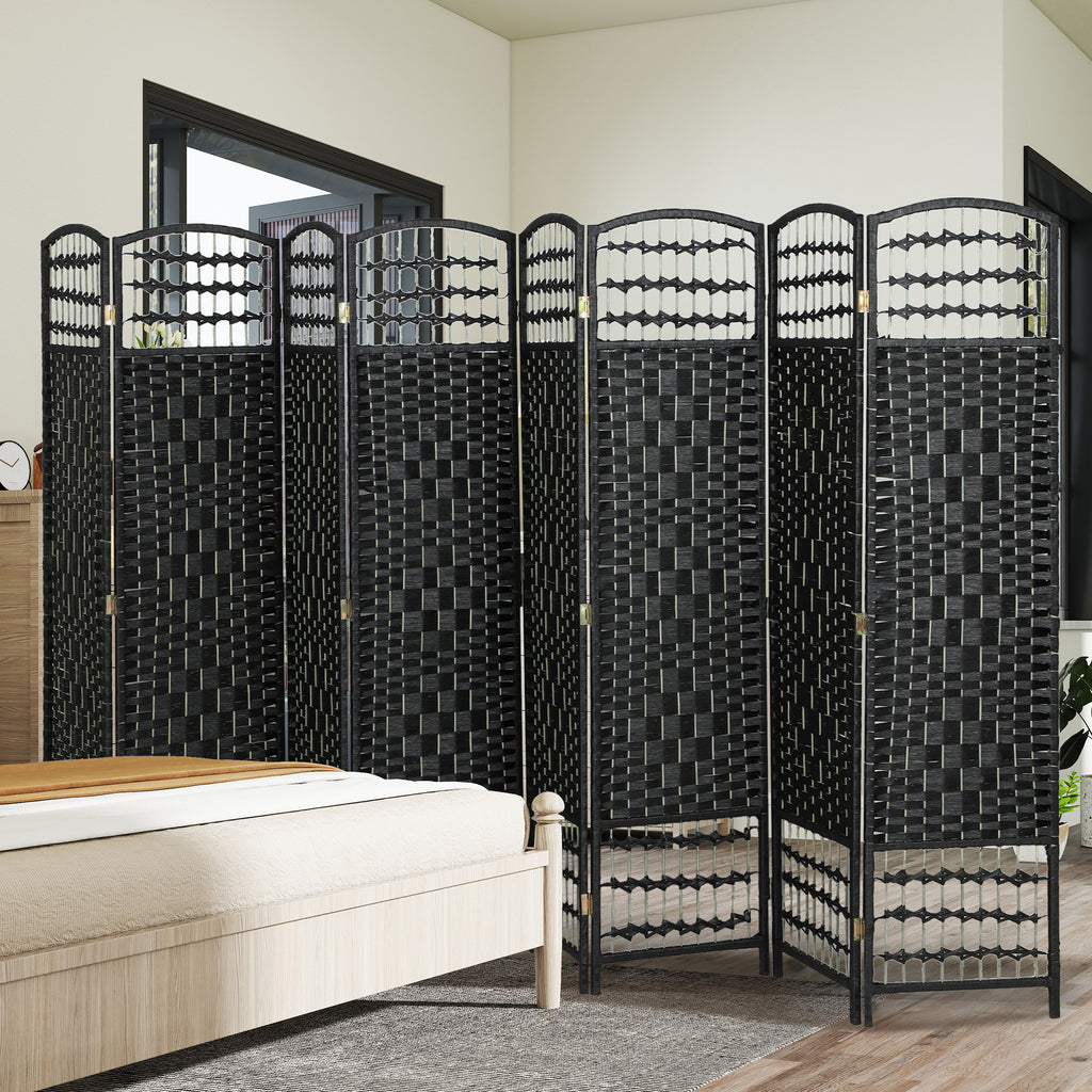 8 Panel Folding Room Divider Portable Privacy Screen Wave Fiber Room Partition for Home Office Black