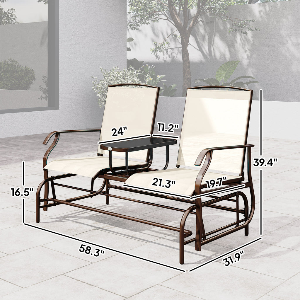 Outdoor Glider Bench with Center Table, Metal Frame Patio Loveseat with Breathable Mesh Fabric and Armrests for Backyard Garden Porch, Beige