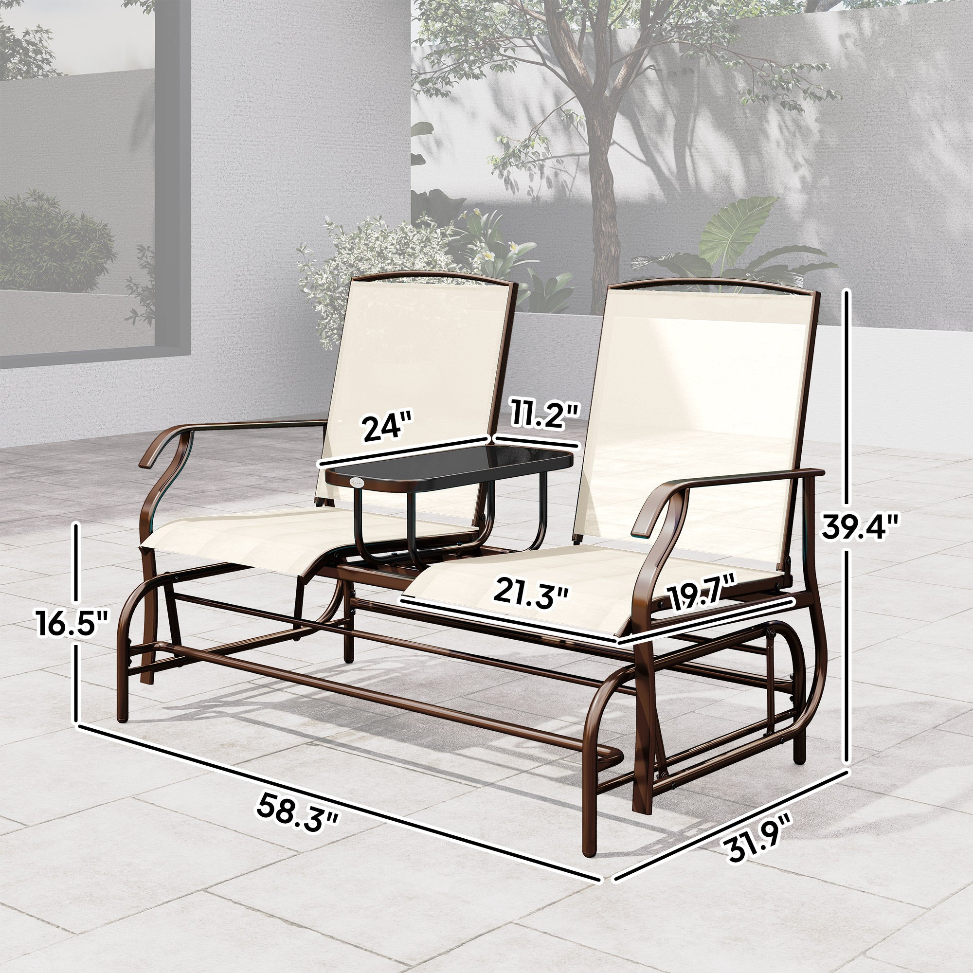 Outdoor Glider Bench with Center Table, Metal Frame Patio Loveseat with Breathable Mesh Fabric and Armrests for Backyard Garden Porch, Beige