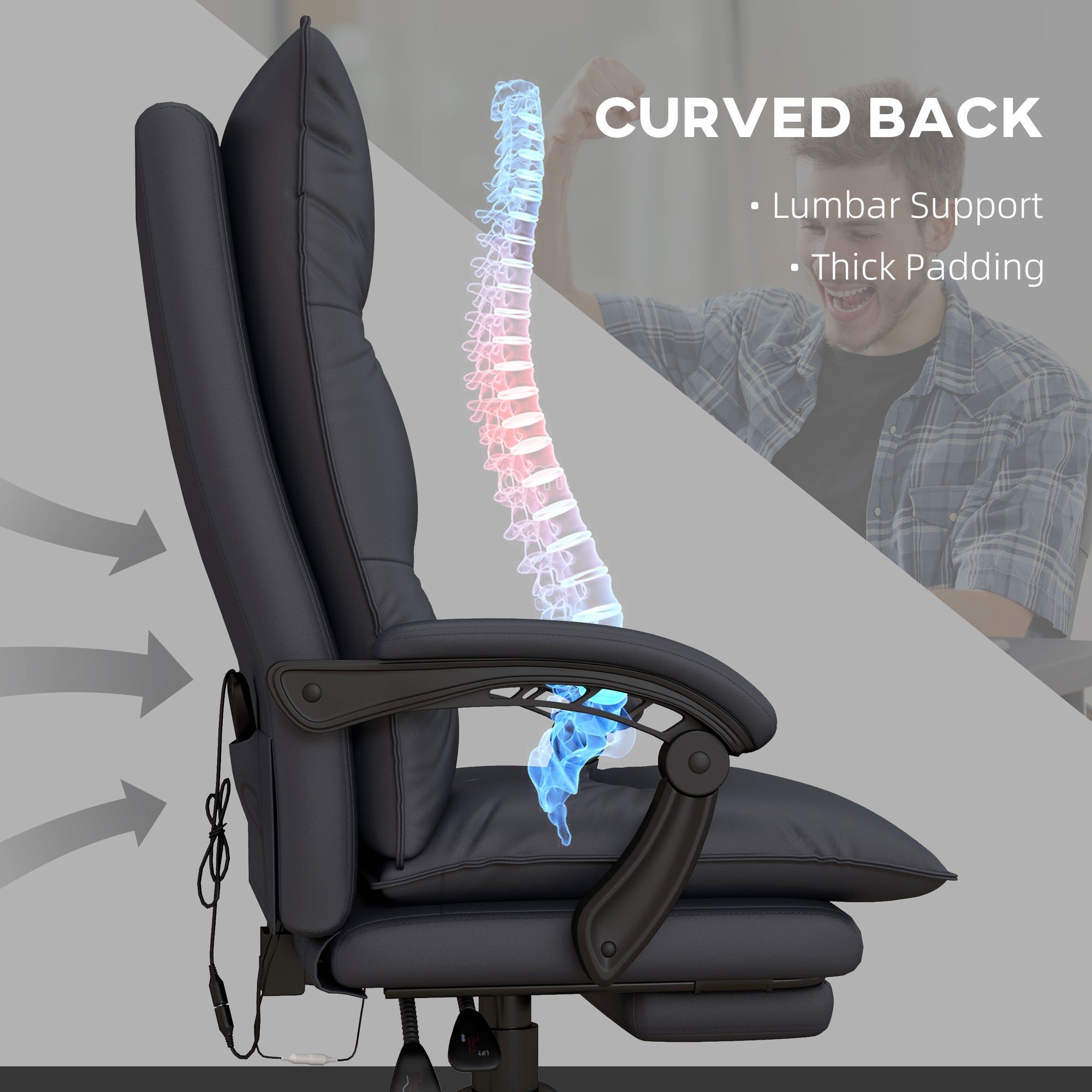 Executive Massage Office Chair with 6 Vibration Points, Microfiber Computer Desk Chair, Heated Reclining Chair with Footrest, Armrest, Double Padding, Charcoal Gray