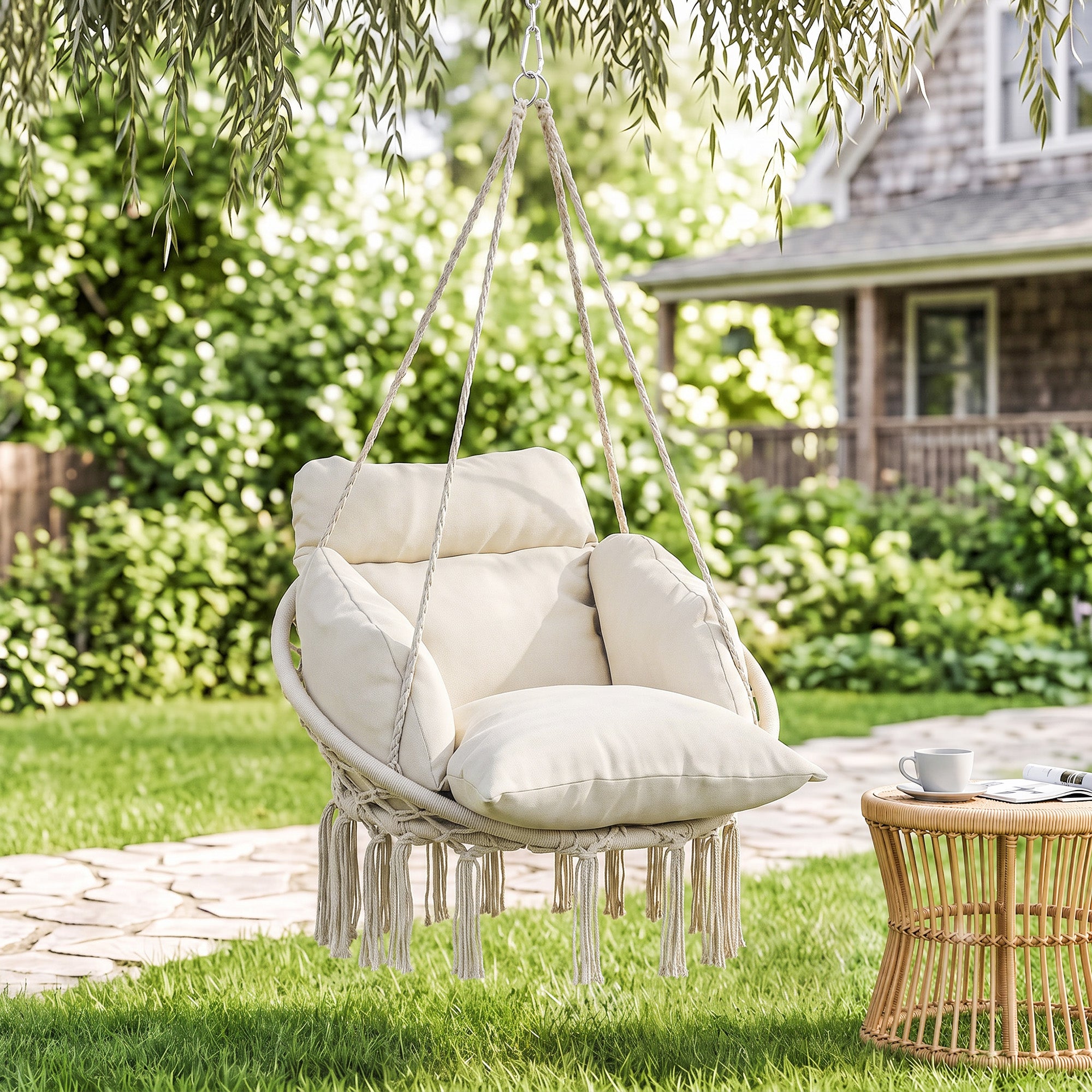 Hammock Swing Chair, Macrame Hanging Chair with Large Cushion, Chain, Steel Frame for Indoor Outdoor Use, Cream White