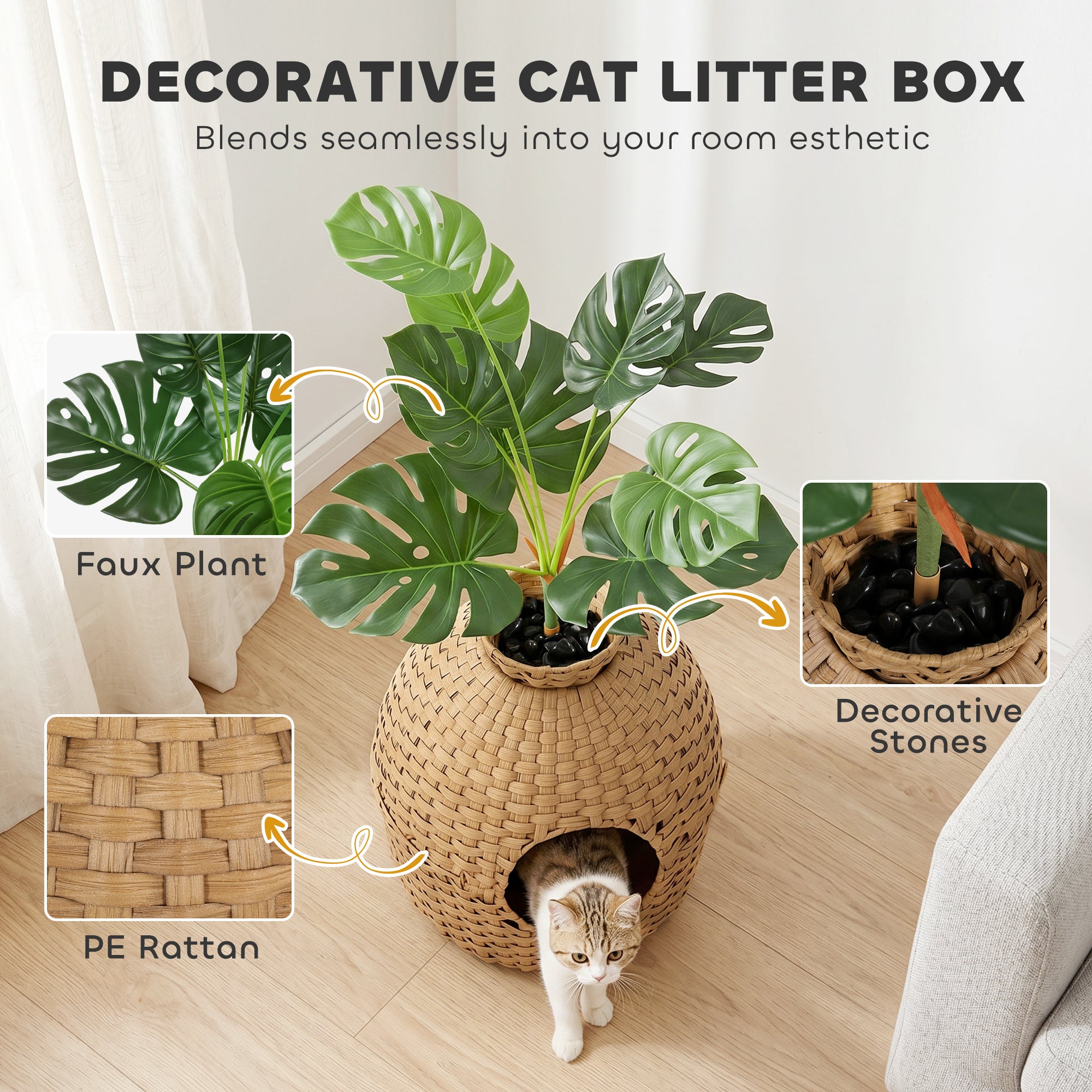 Hidden Cat Litter Box Enclosure with Faux Plant & Stainless Steel Tray for Bedroom, Living Room, Corner