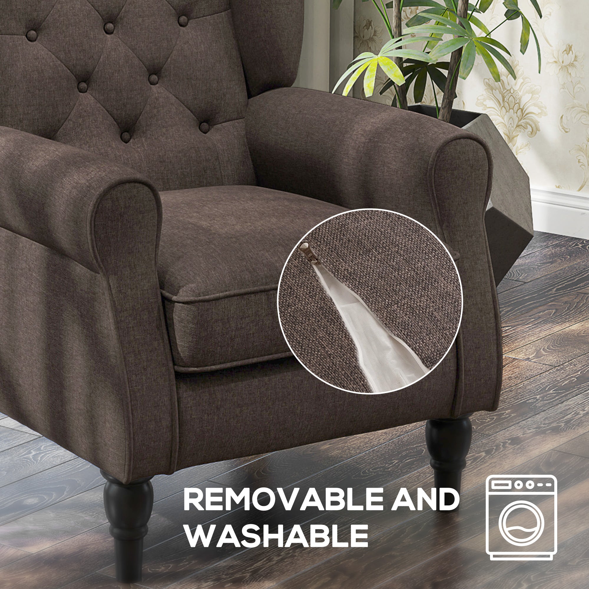 Wingback Accent Chair for Living Room, Button-Tufted Lounge Chair with Round Armrests and Wood Legs, Dark Brown