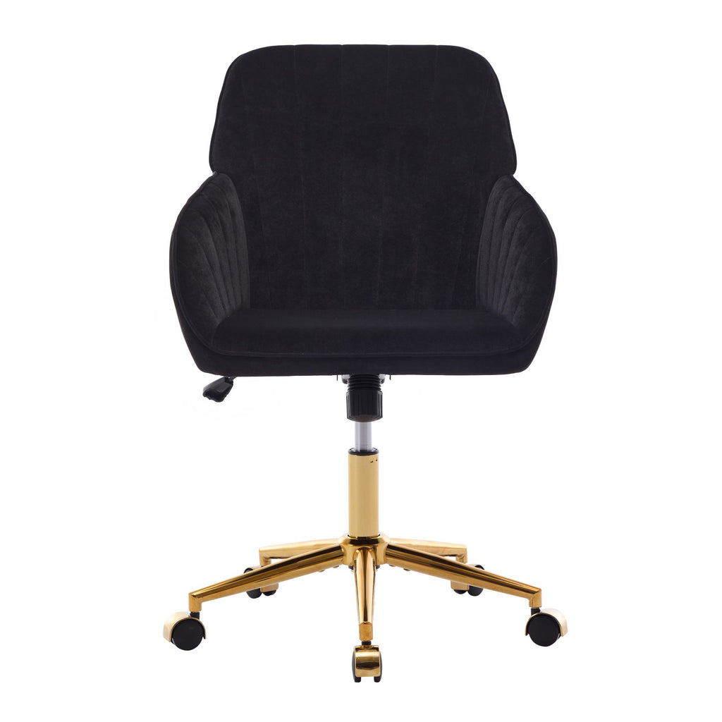 Adjustable Ergonomic Swivel Chair with Velvet Cushion and Lumbar Support, Office Chair with Golden Base, 25" L x 23" W x 38" H, Black