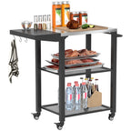 Three-Shelf Outdoor Grill Cart Table with Foldable Side Table, Stainless Steel Top Pizza Oven Stand with Hooks, Silver