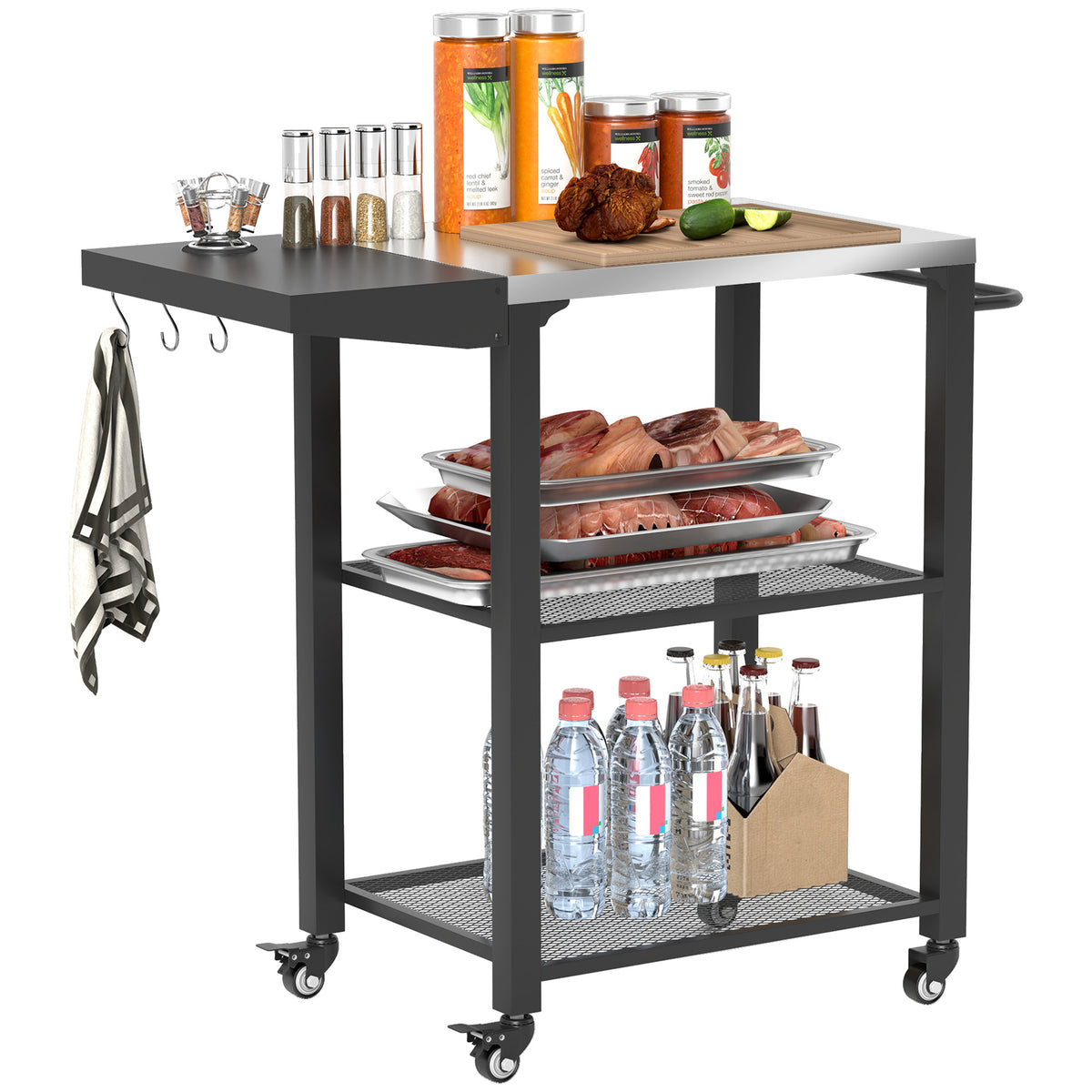 Three-Shelf Outdoor Grill Cart Table with Foldable Side Table, Stainless Steel Top Pizza Oven Stand with Hooks, Silver