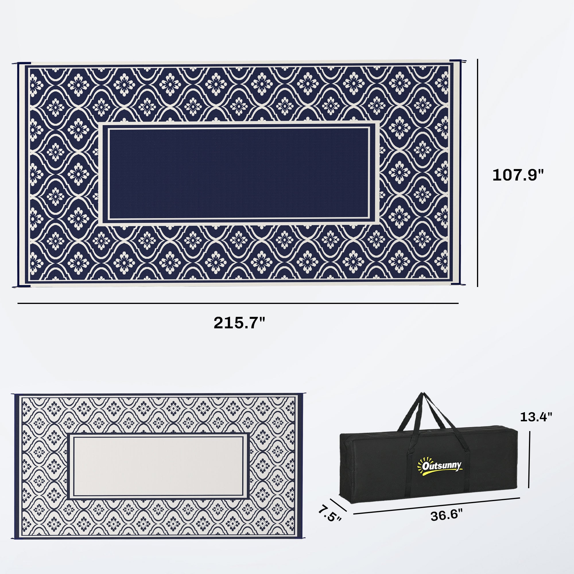 Reversible Outdoor Rug, Waterproof Plastic Straw with Carry Bag, 9' x 18', Blue & White Gourd Border