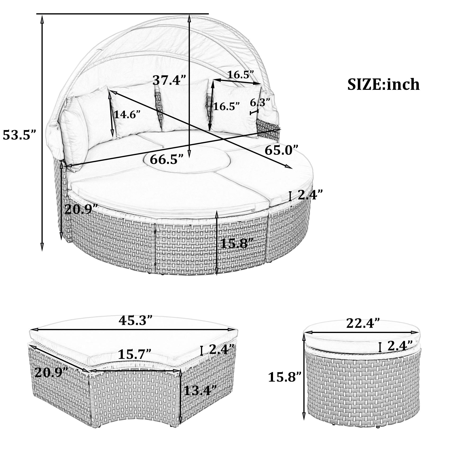 Round Rattan Patio Daybed with Retractable Canopy and Table, Versatile Sunbed with Separate Garden Seating, 66.5" L x 65" W x 53.5" H, Gray