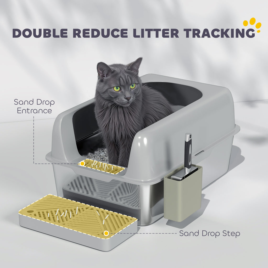 2 Pack High Sided Stainless Steel Litter Box with Metal Scoop & Scoop Holder, for Anti-Urine Leakage, Light Gray
