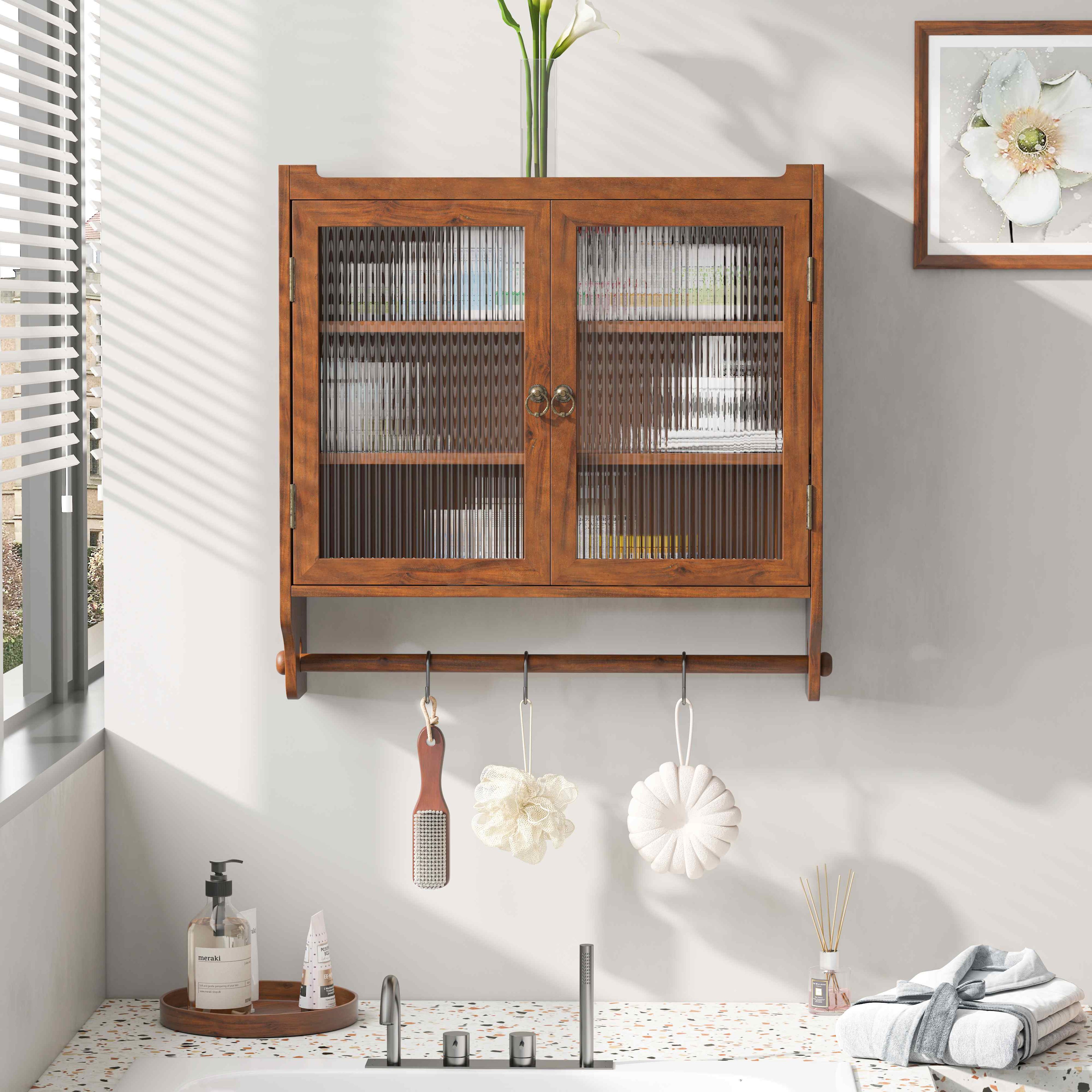 Vintage Double Door Wall Cabinet with Glass Doors, Three Tiers of Storage, and Towel Rack for Bathroom, Kitchen, Dining Room, 24.8", Brown