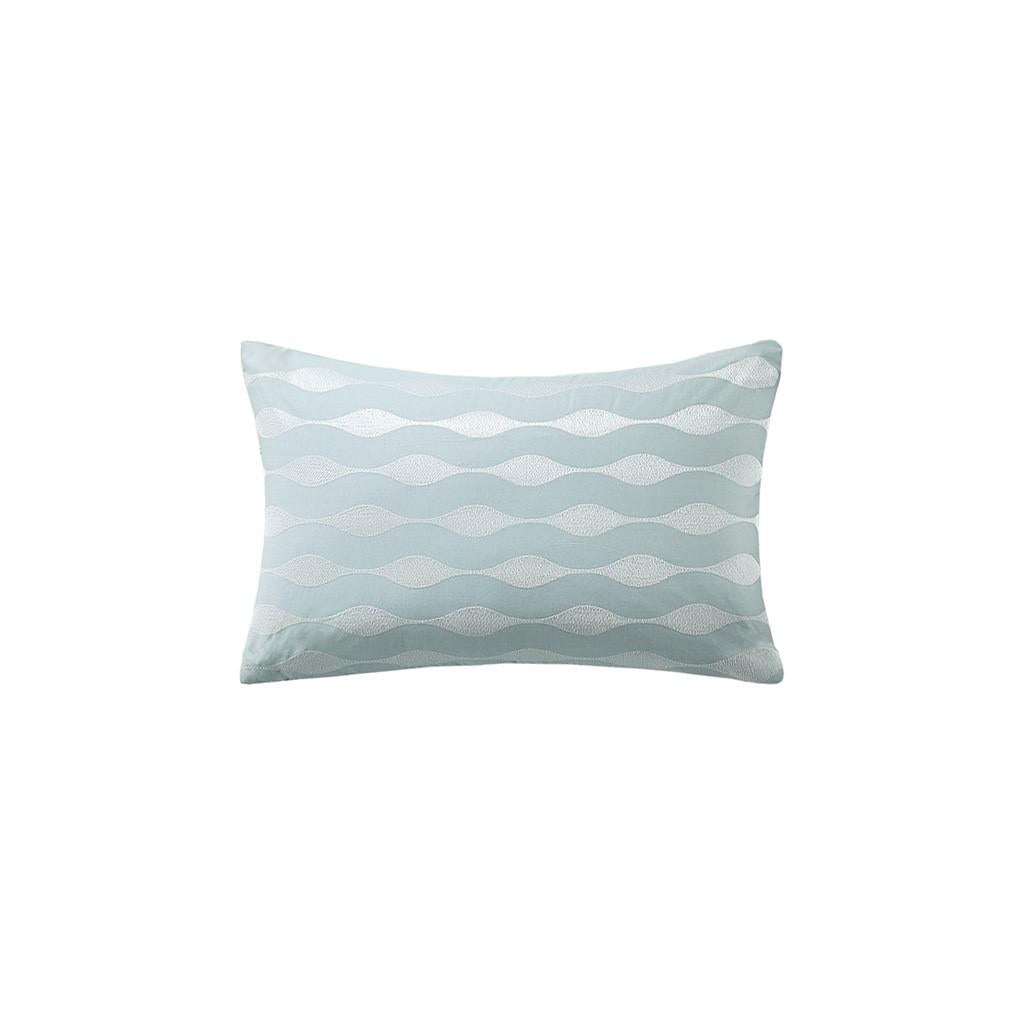 100% Cotton Oblong Decorative Pillow with Wavy Embroidery, Hypoallergenic Polyester Fill, Perfect for Bedroom Decor, 20" L x 12" W x 5" H, Blue