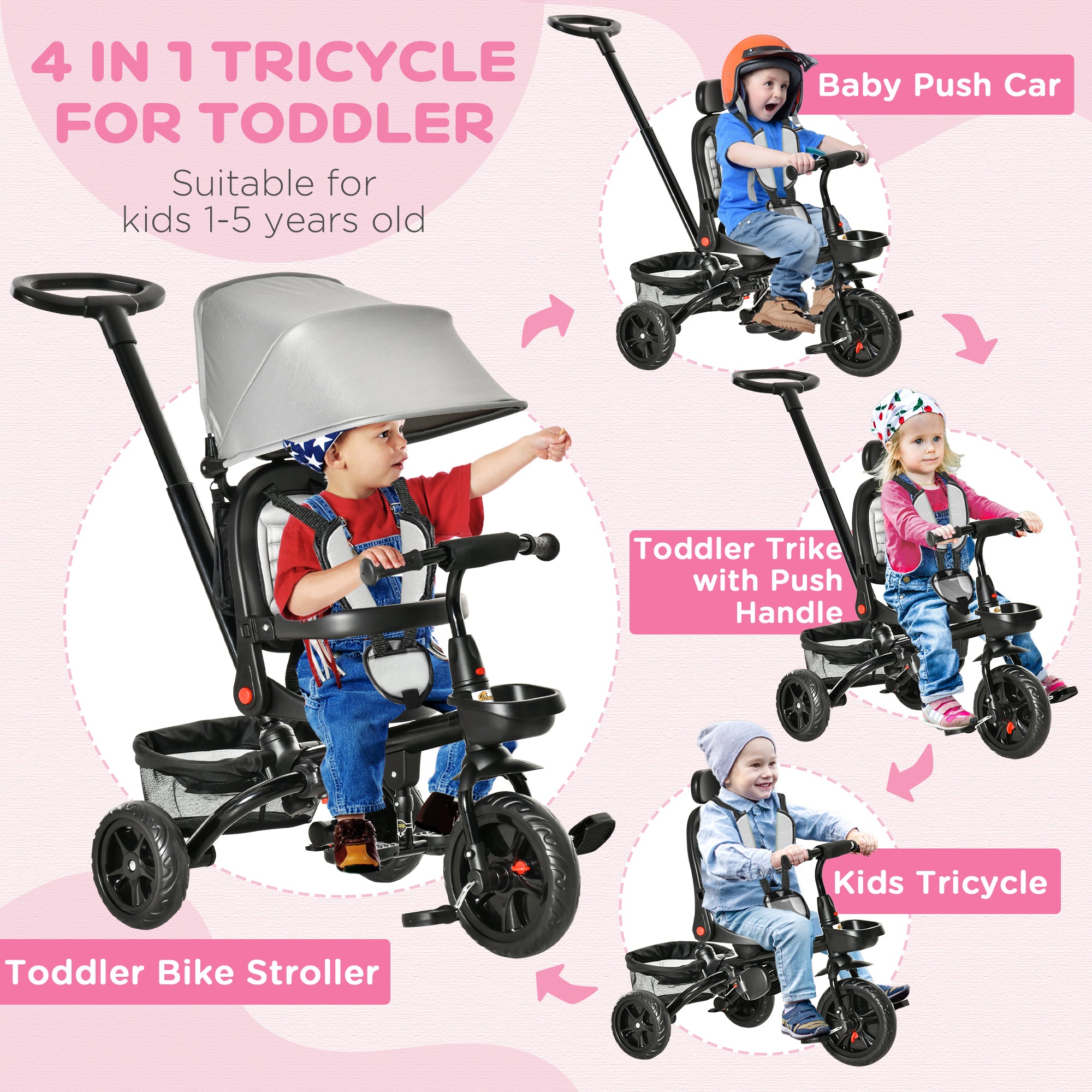 Kids Tricycle, 5 in 1 Foldable Trike with Reversible Seat, Adjustable Parent Handle, Safety Harness, Wheel Brakes, Removable Canopy, Storage, Tricycle for Toddlers 1-5 Years, Gray