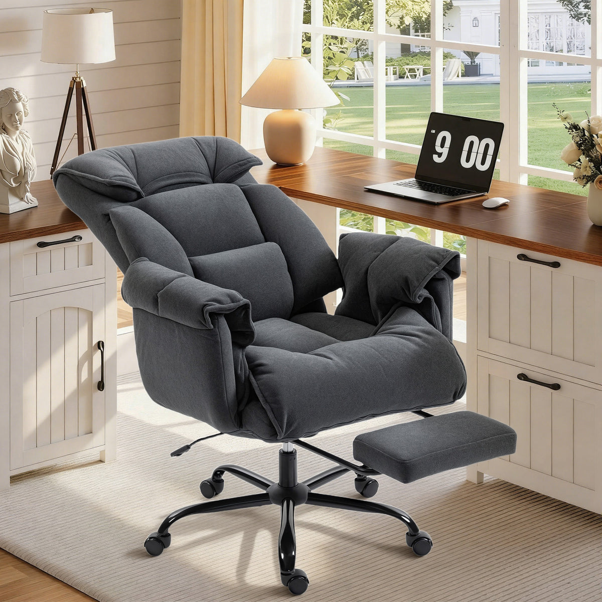 High Back Office Chair, Reclining Desk Chair with Footrest, High Resilience Foam, Rolling Wheels, Dark Gray
