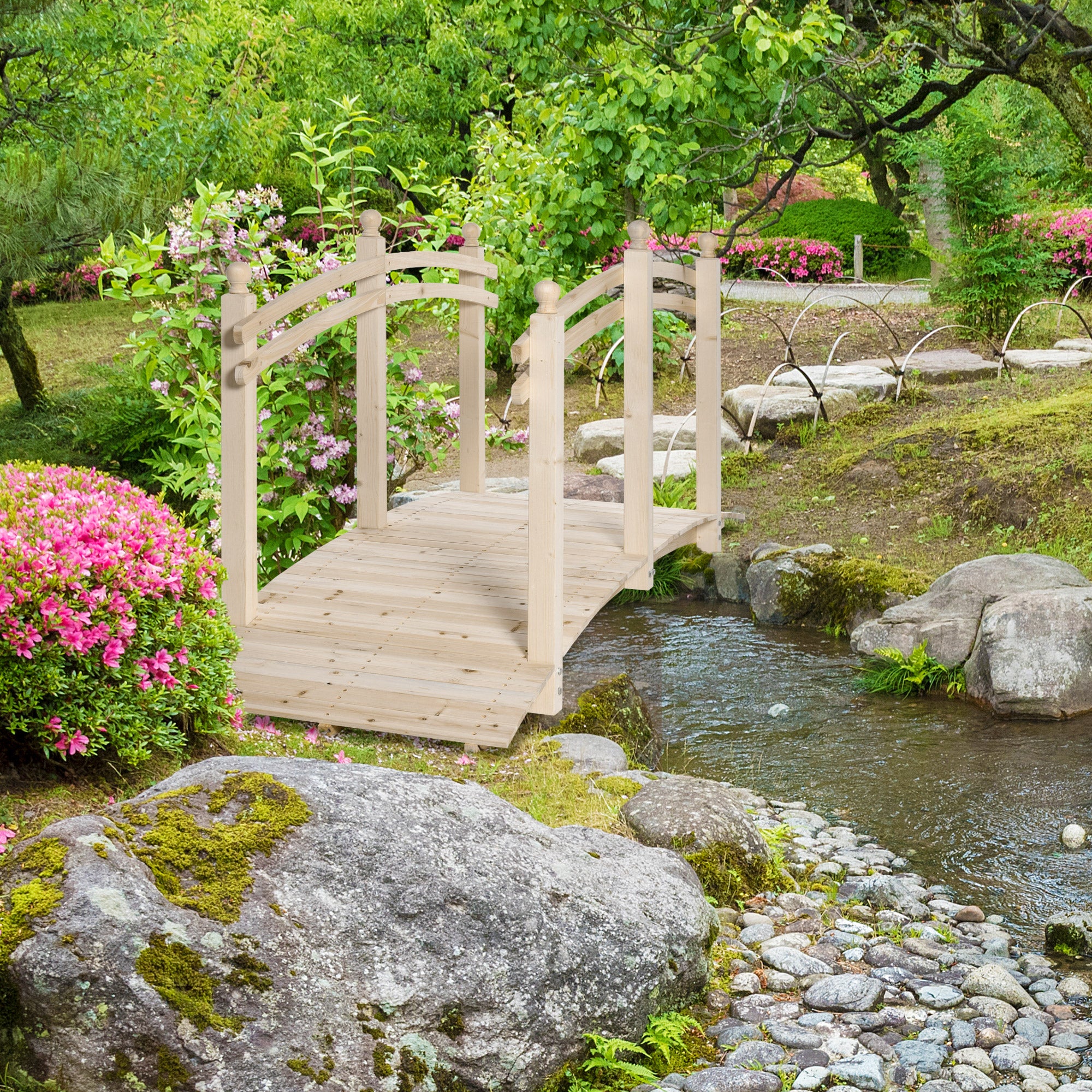 Wooden Arch Garden Bridge, Safety Rails for Backyard Ponds, Creeks, Streams, 7.5', Natural