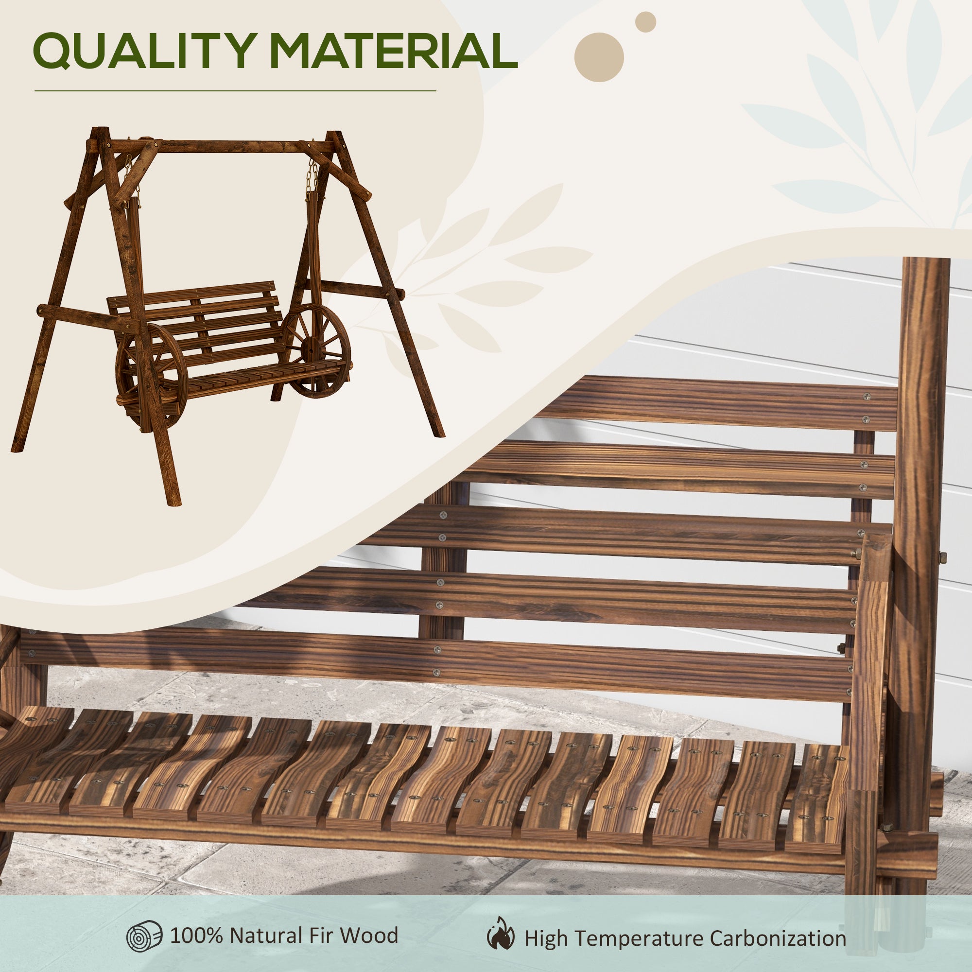 2-Seat Porch Swing with A-Frame Stand, Wooden Log Patio Swing Chair Bench with Wagon Wheel Armrests, Carbonized Brown