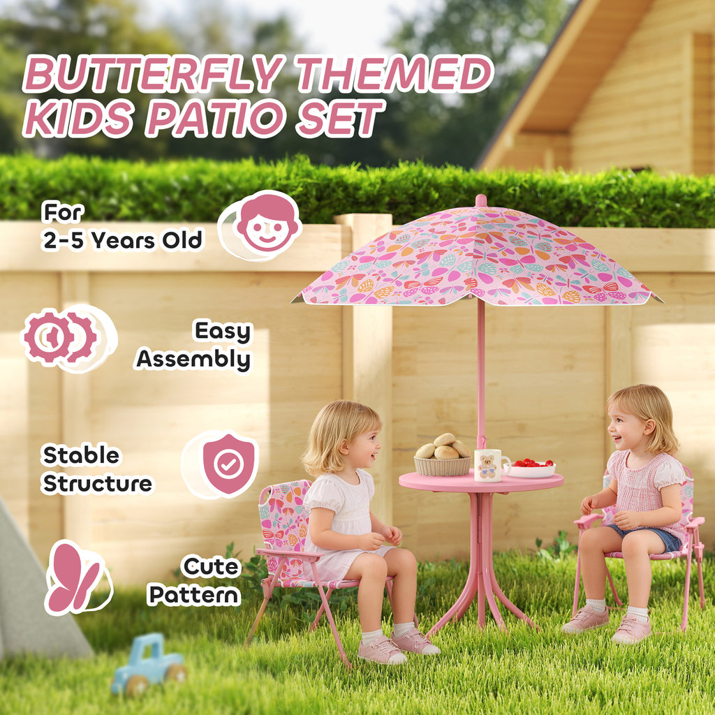 Kids Picnic Table and Chair Set, Outdoor Table with Foldable Chairs, Removable Umbrella, Pink