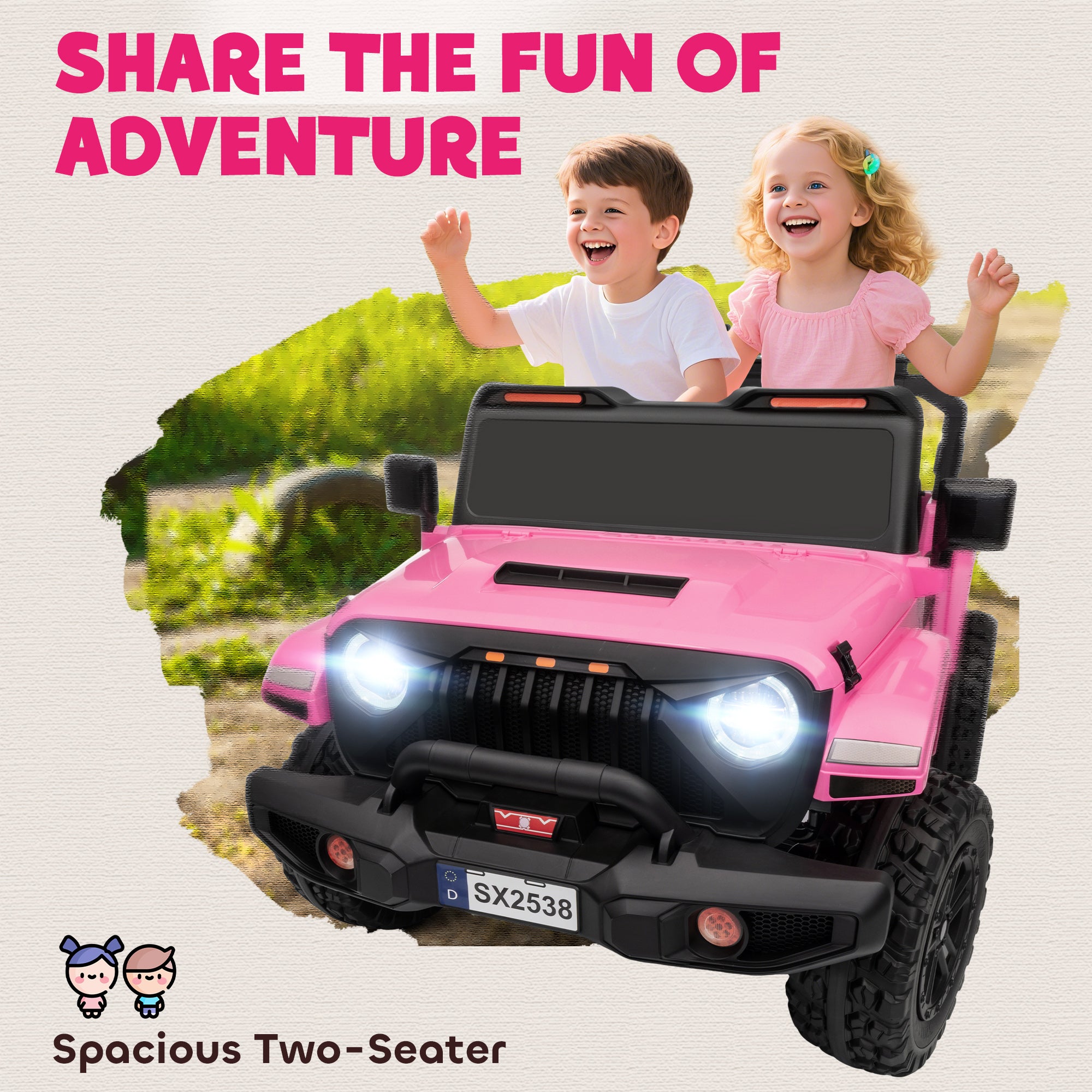 Ride on Truck Car with 2-Seater, 24V Electric Car with 4 Motors, Remote Control, Spring Suspension for 3-8 Years, Pink